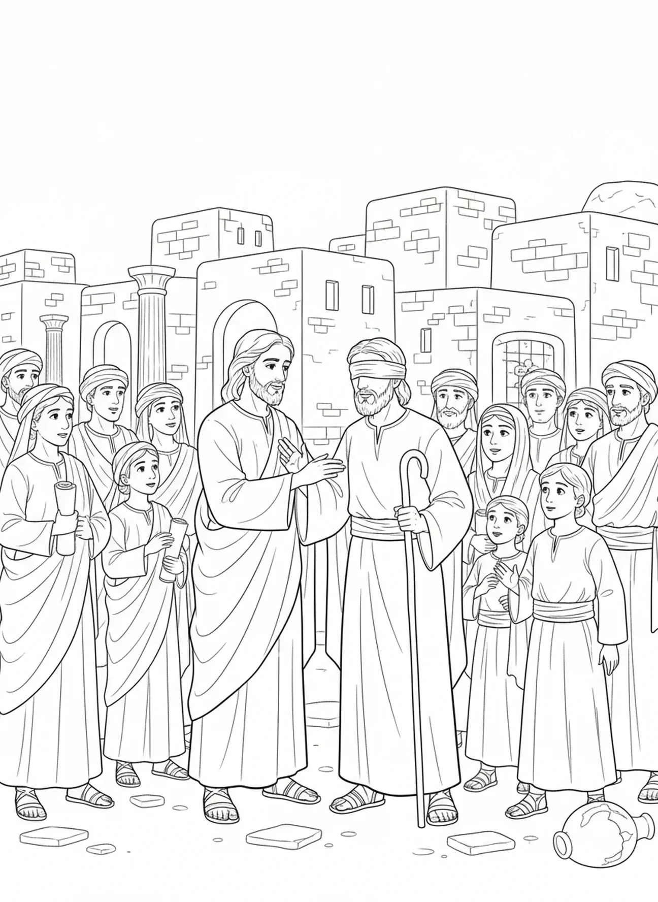 Jésus touchant un homme aveugle, page à colorier sur la guérison des aveugles pour les enfants de l'École du dimanche âgés de 5 à 12 ans