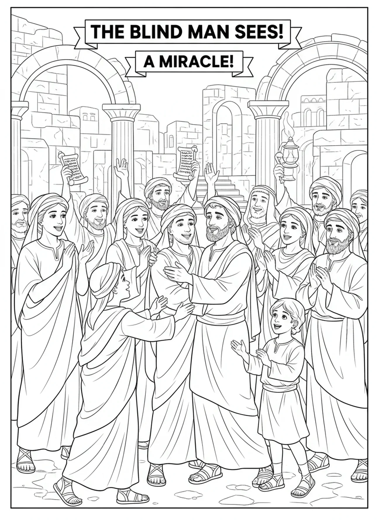 Habitants célébrant, page à colorier sur la guérison de l'aveugle pour les enfants de l'École du dimanche âgés de 5 à 12 ans
