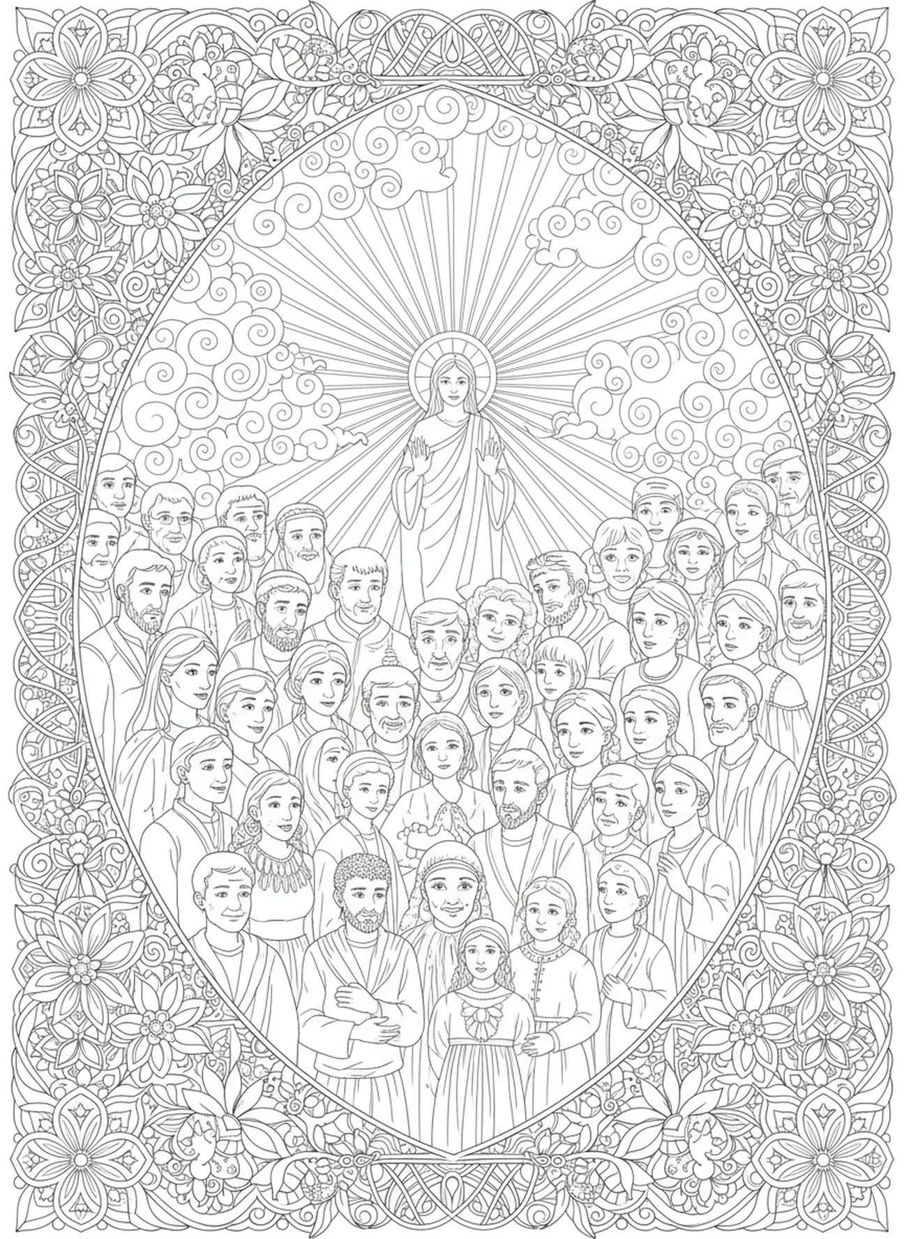 Multidão observando, página para colorir do Milagre da Cura do Leproso no estilo de journaling bíblico para adultos.