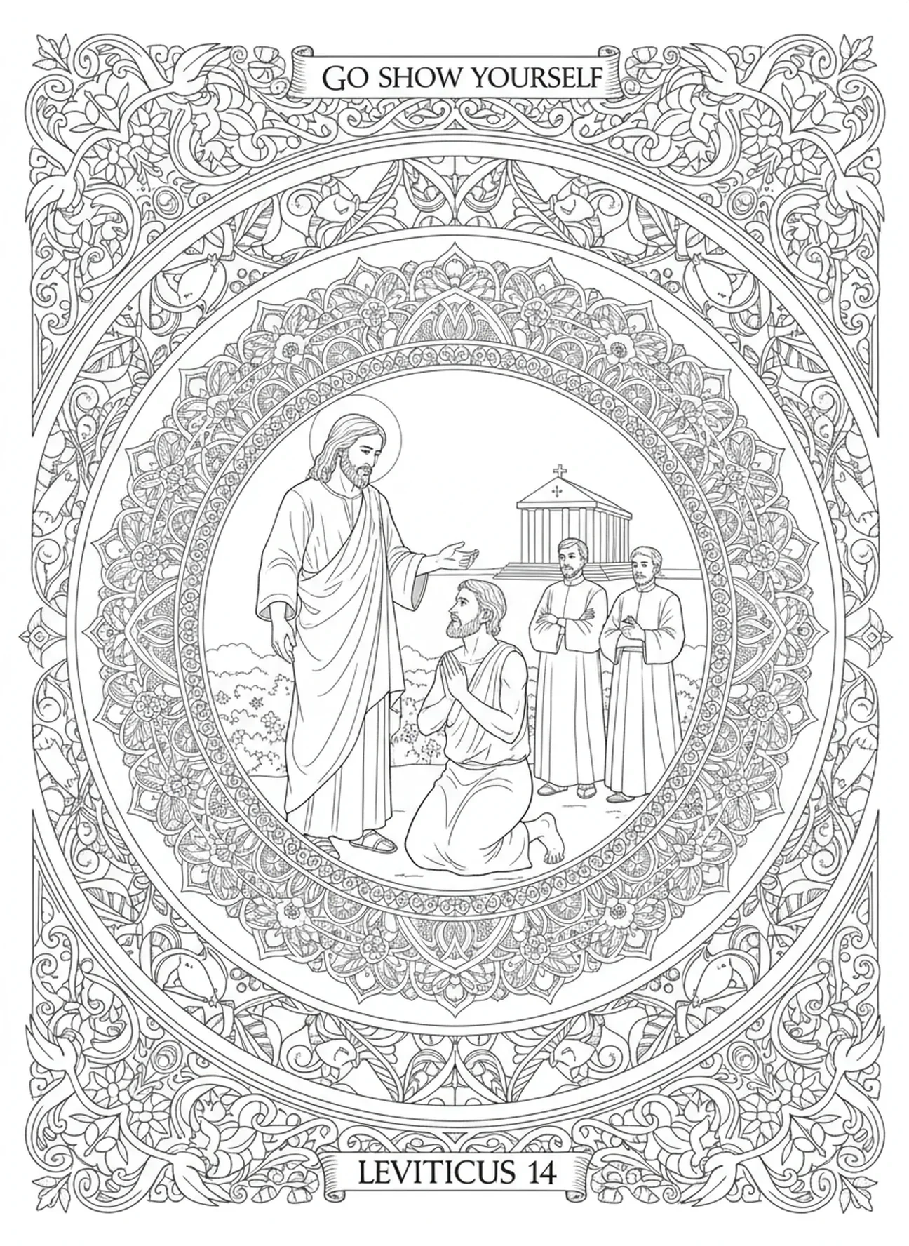 Jesus instruindo o leproso curado, página para colorir do leproso curado no estilo de journaling bíblico para adultos.