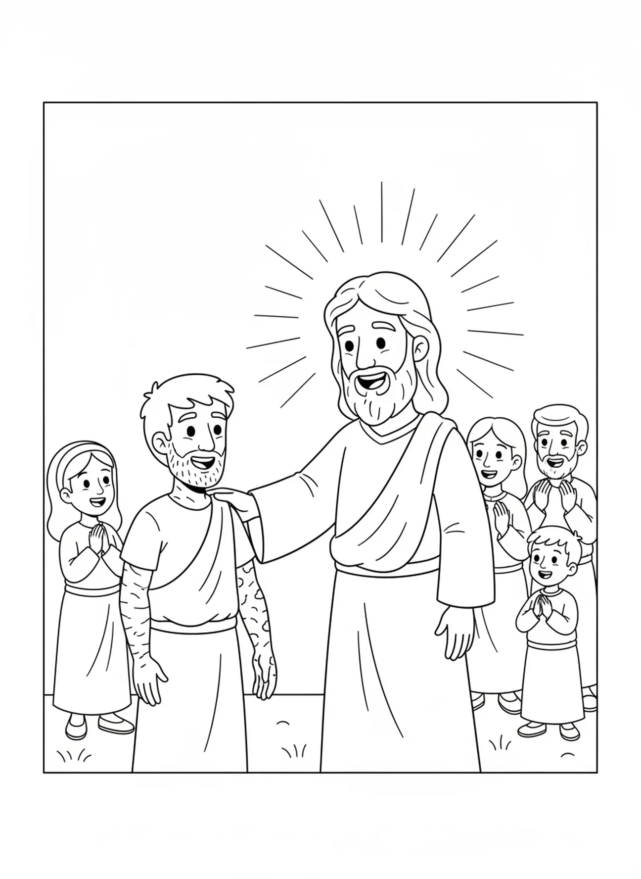 Jésus touchant doucement l'épaule du lépreux, page à colorier sur la guérison du lépreux pour les enfants de 5 à 10 ans