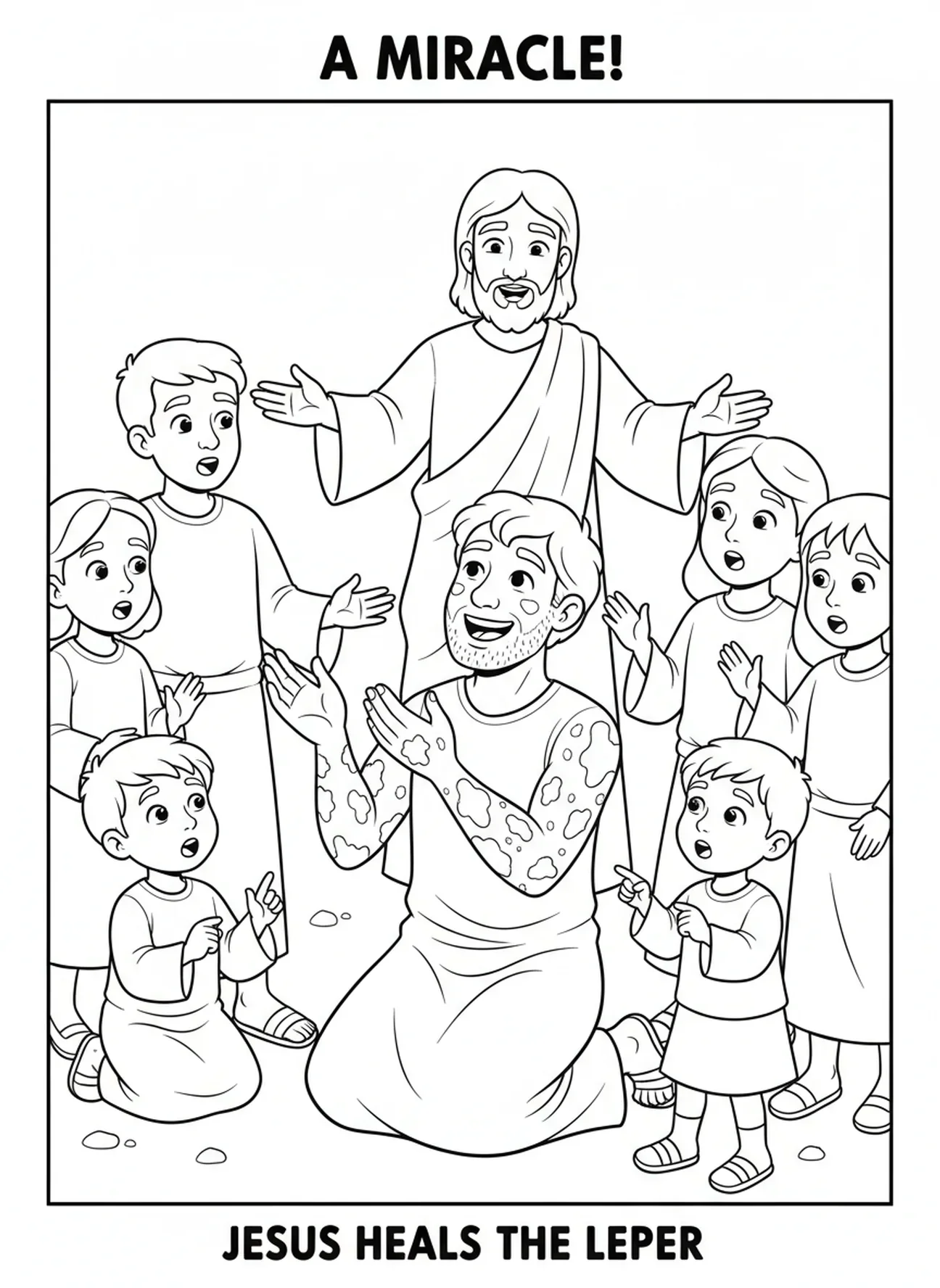 Lépreux souriant avec une peau guérie, page à colorier Lépreux guéri pour enfants de 5 à 10 ans