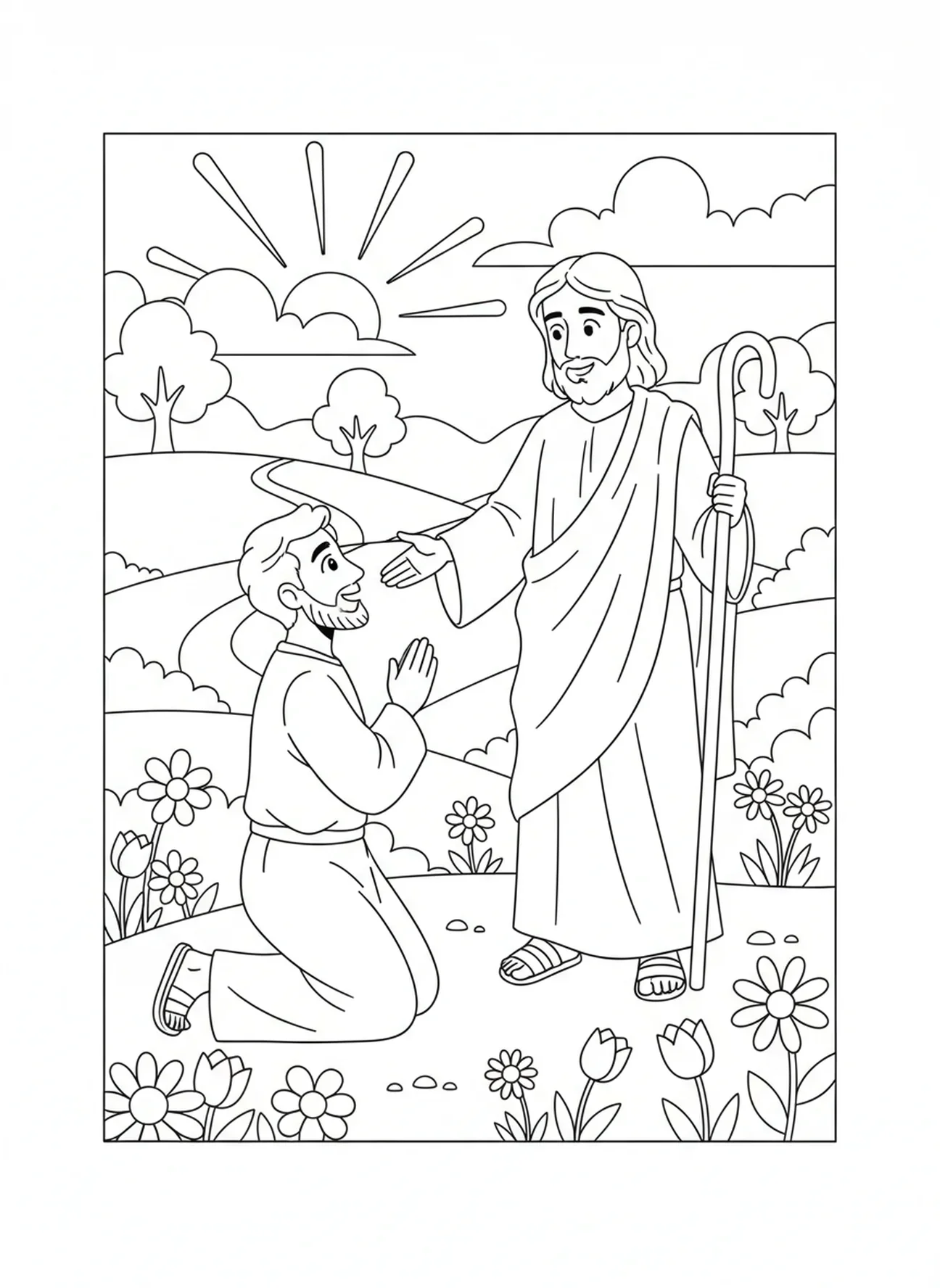 Lépreux guéri à genoux en gratitude, page à colorier Lépreux pour enfants de 5 à 10 ans