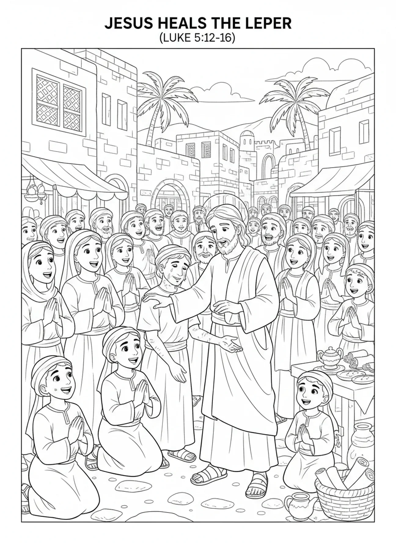 Foule réagissant à la guérison, page à colorier sur la guérison du lépreux pour les enfants de l'École du dimanche âgés de 5 à 12 ans