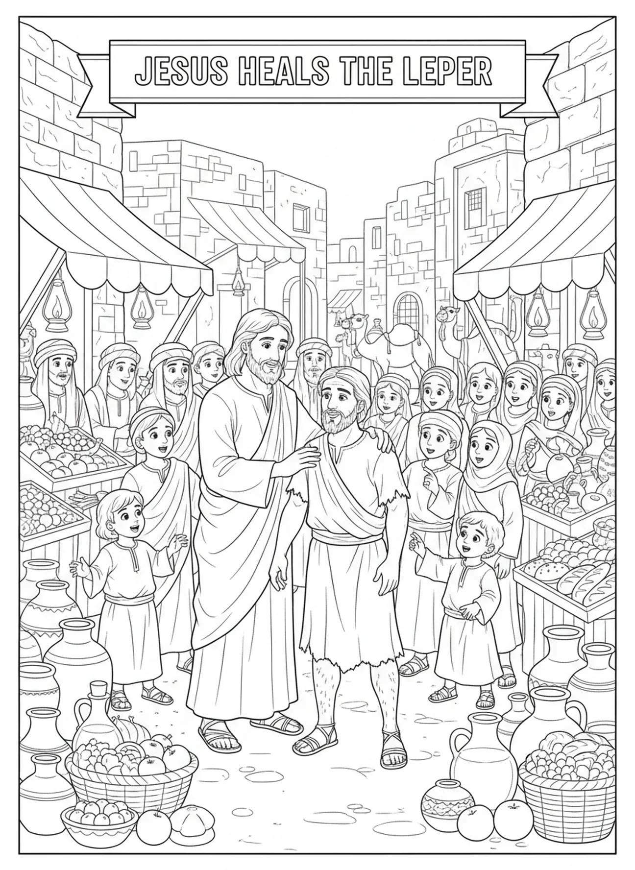 Jésus touchant l'épaule d'un lépreux, page à colorier sur la guérison du lépreux pour les enfants de l'École du dimanche âgés de 5 à 12 ans