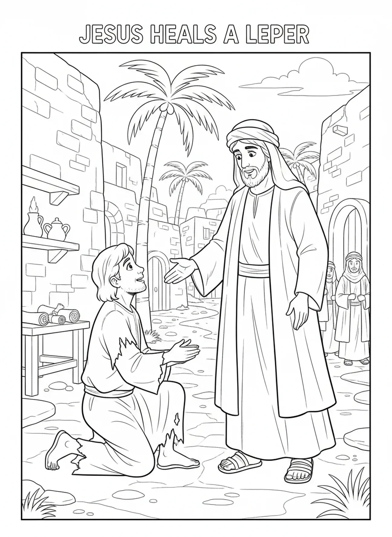 Lépreux en haillons, page à colorier sur la guérison du lépreux pour les enfants de l'École du dimanche âgés de 5 à 12 ans