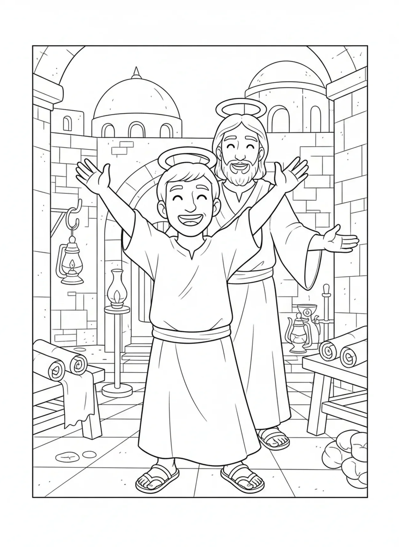 Lépreux guéri levant les bras, page à colorier Lépreux guéri pour les enfants de l'École du dimanche âgés de 5 à 12 ans