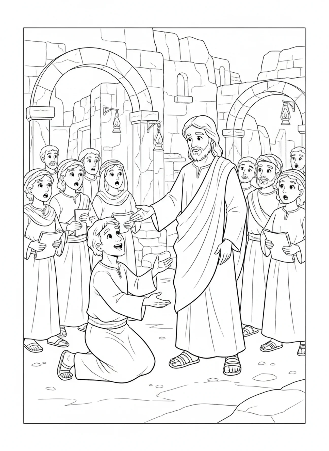 Lépreux reconnaissant à genoux, page à colorier Lépreux guéri pour les enfants de l'École du dimanche âgés de 5 à 12 ans