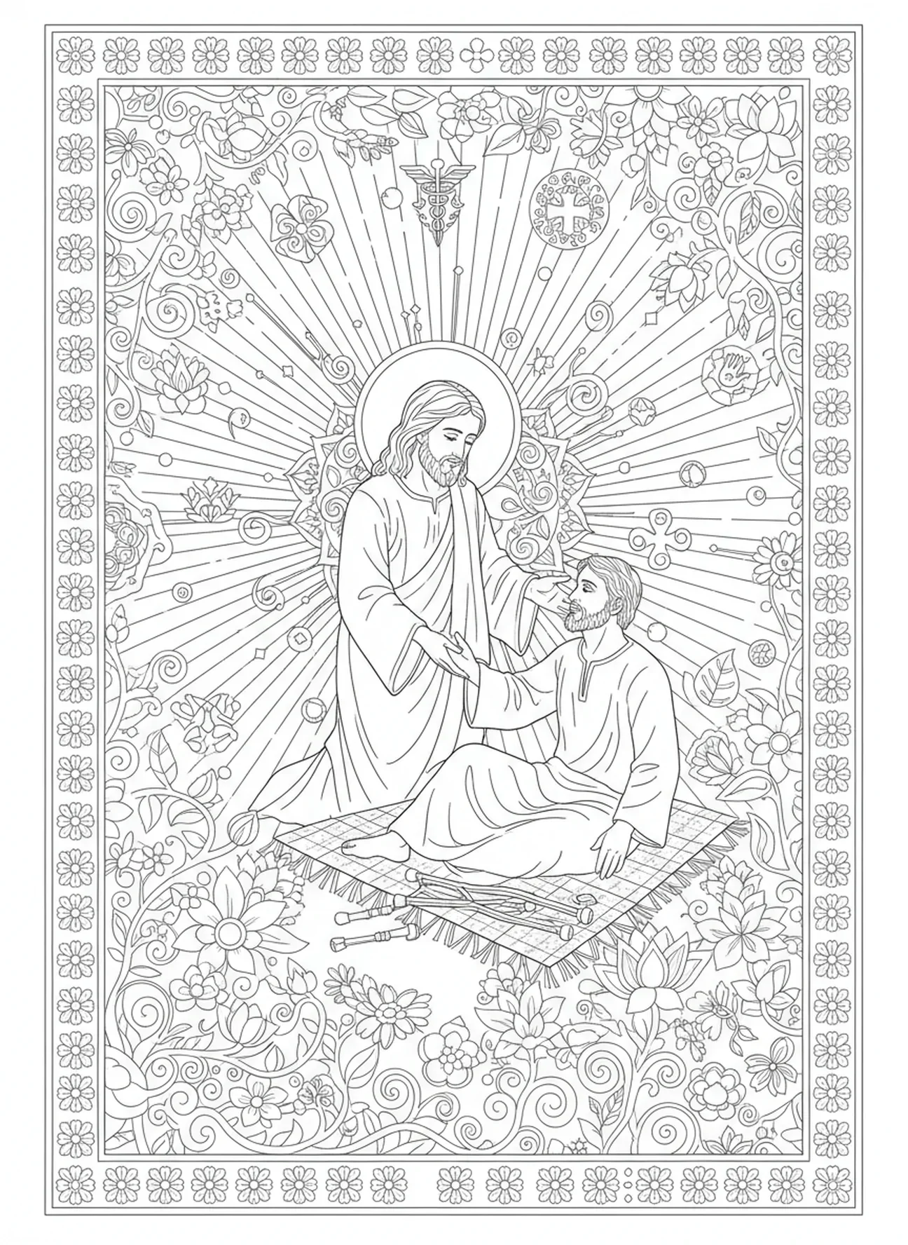 Jesus curando o homem paralítico, página de colorir sobre a cura do paralítico para adultos no estilo de journaling bíblico