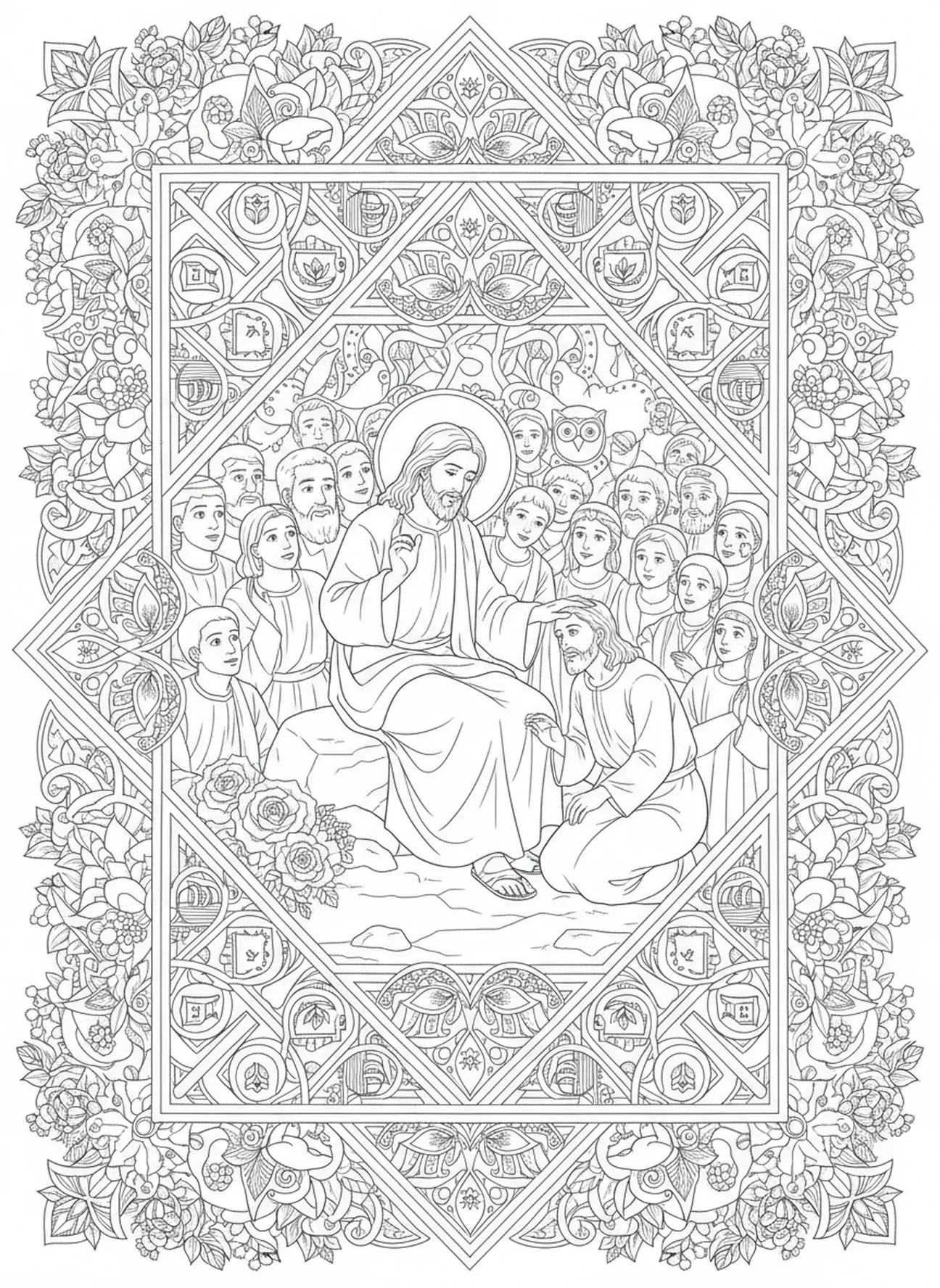 Jesus ensinando a multidão, página para colorir do Paralítico Curado no estilo de journaling bíblico para adultos