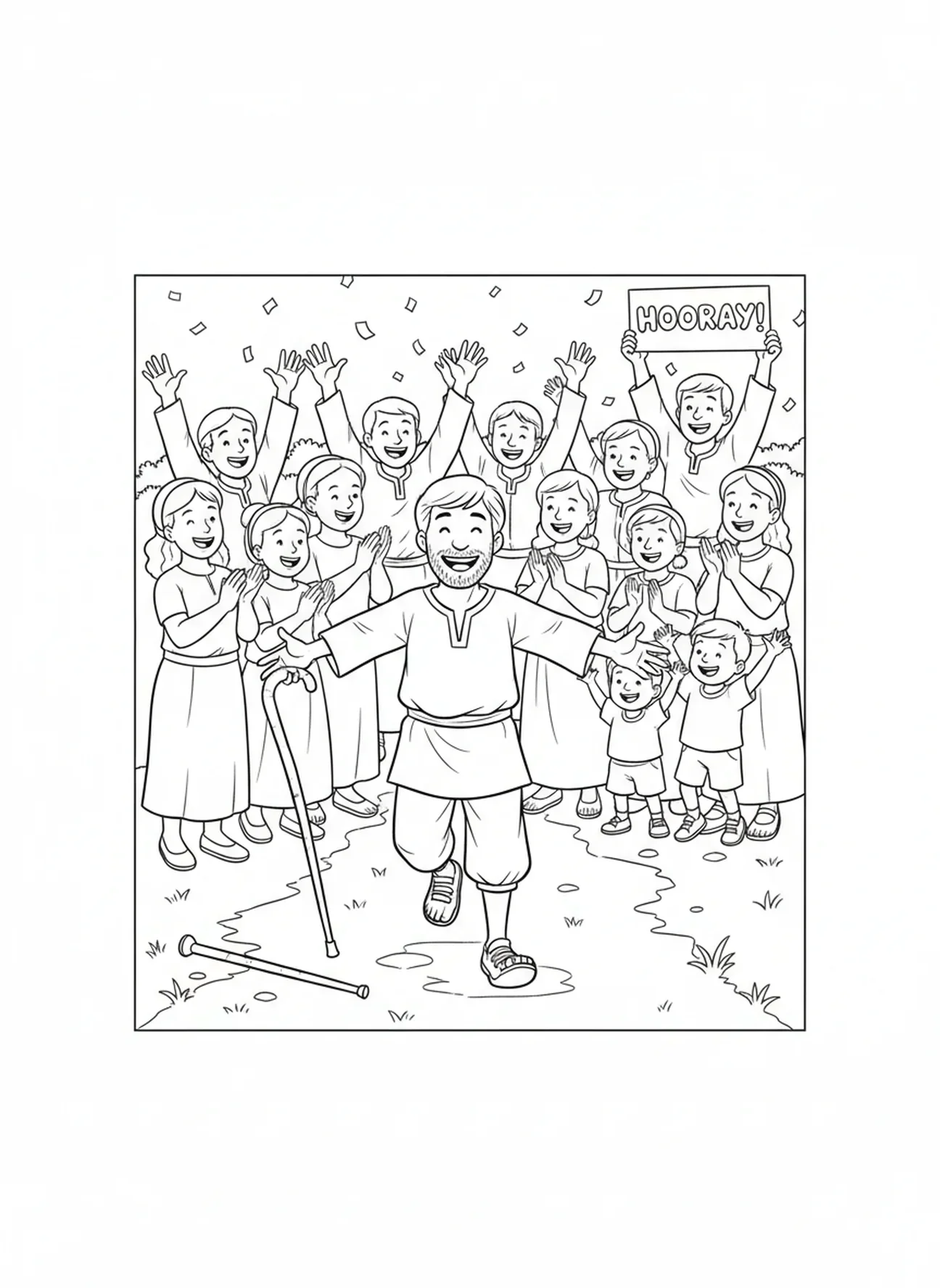Escena de celebración de sanación, página para colorear del Paralítico Sanado para niños de 5 a 10 años