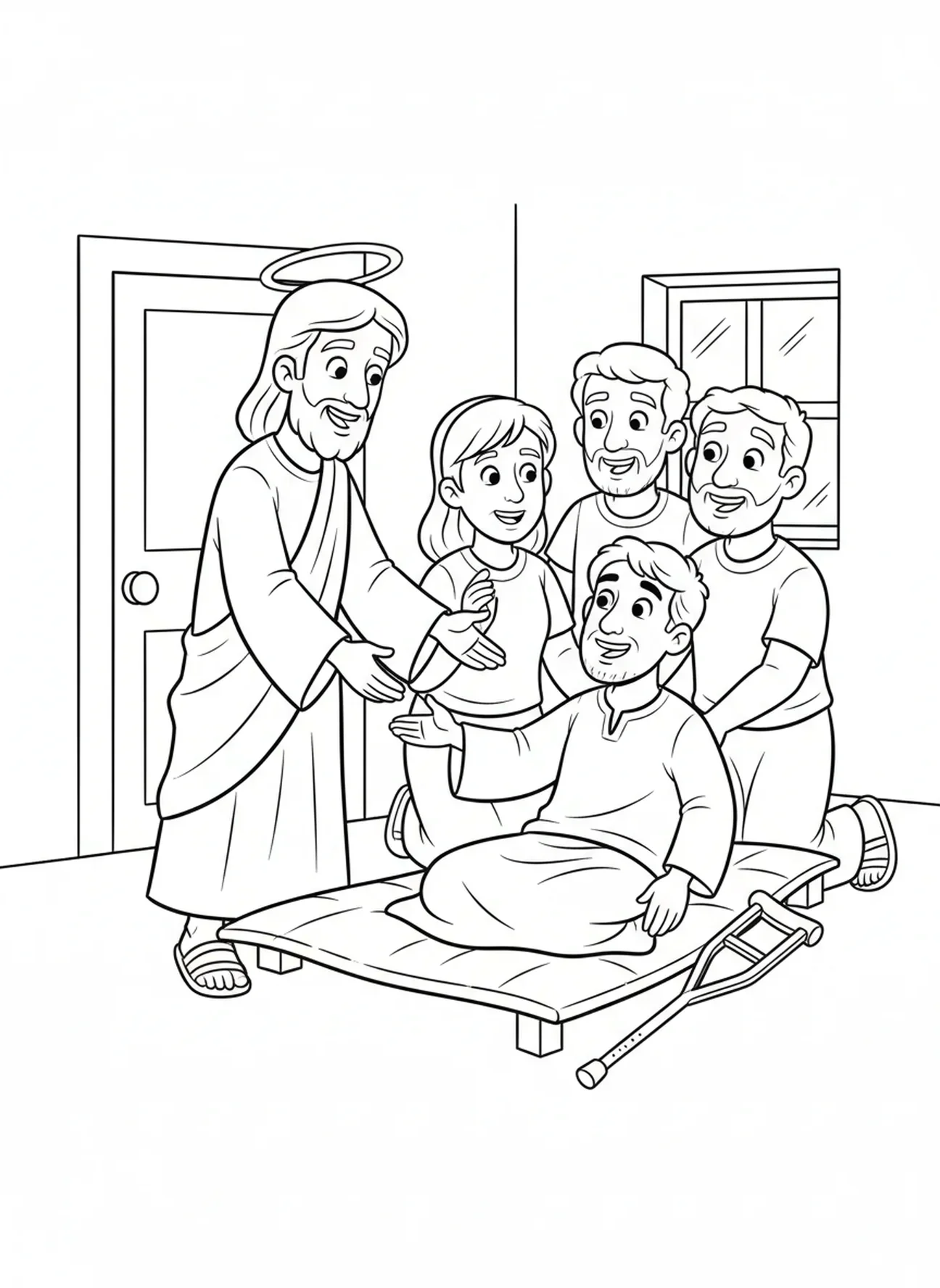 Jesús extendiendo la mano para sanar, página para colorear de la sanación del paralítico para niños de 5 a 10 años