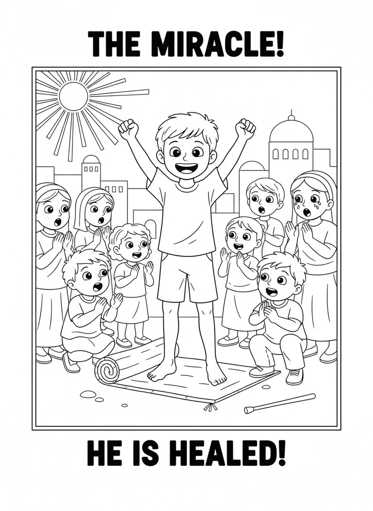 Hombre sanado de pie con alegría, página para colorear del Paralítico Sanado para niños de 5 a 10 años