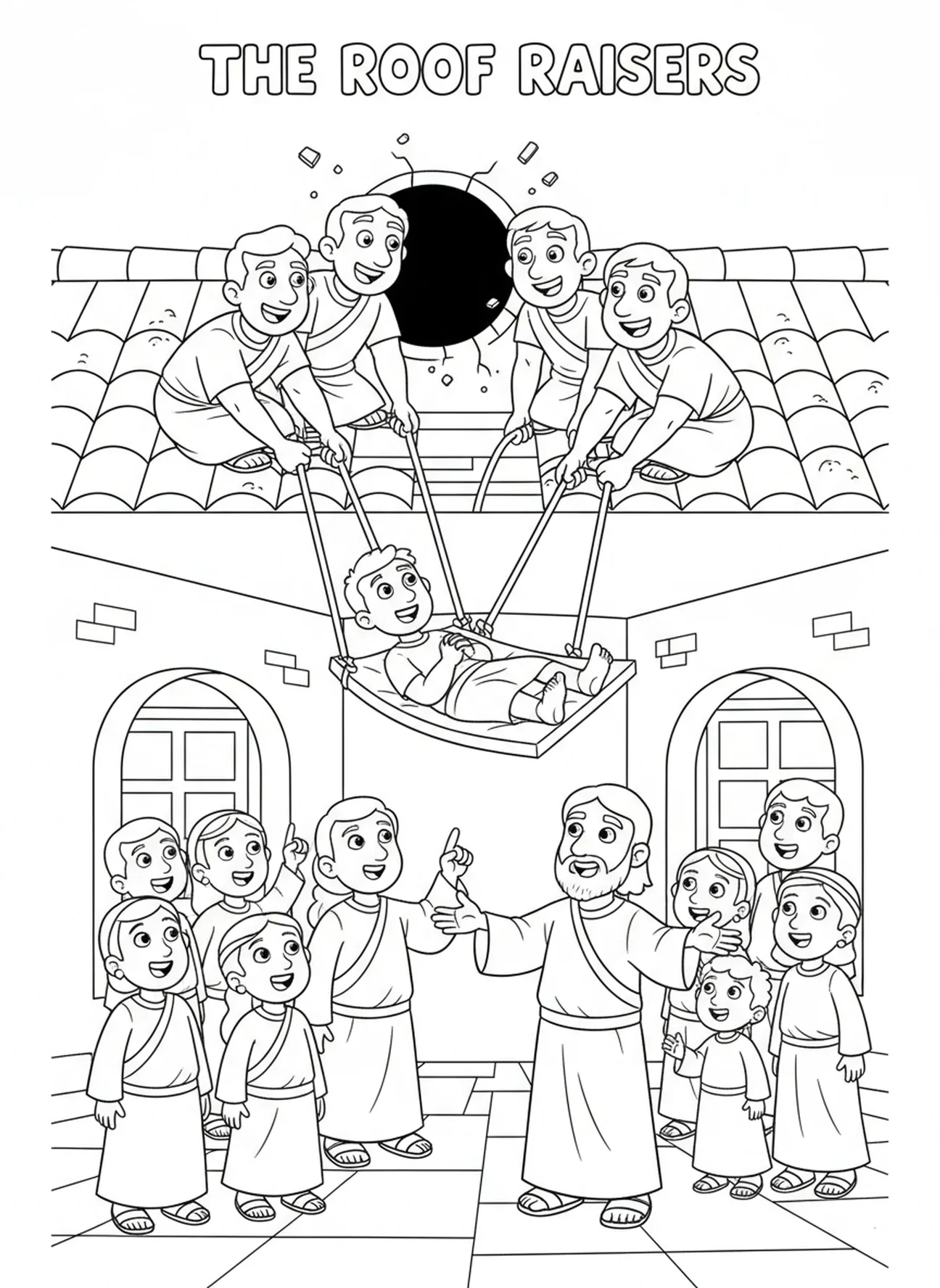 Amigos bajando a un hombre paralítico, página para colorear de la sanación del paralítico para niños de 5 a 10 años