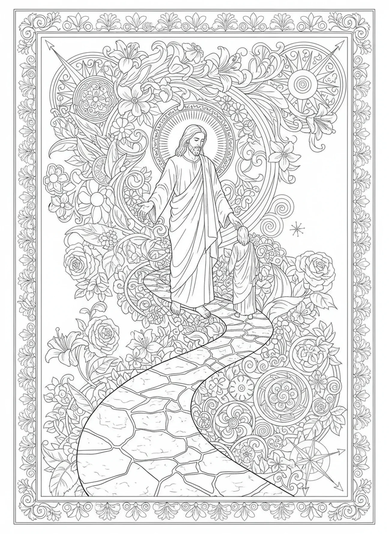 Jésus guidant le chemin, page à colorier sur les déclarations 'Je suis' pour le journal biblique des adultes