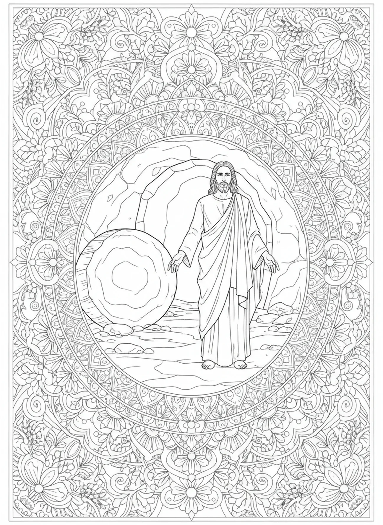 Jésus au tombeau vide, page à colorier des déclarations 'Je suis' pour le journal biblique des adultes