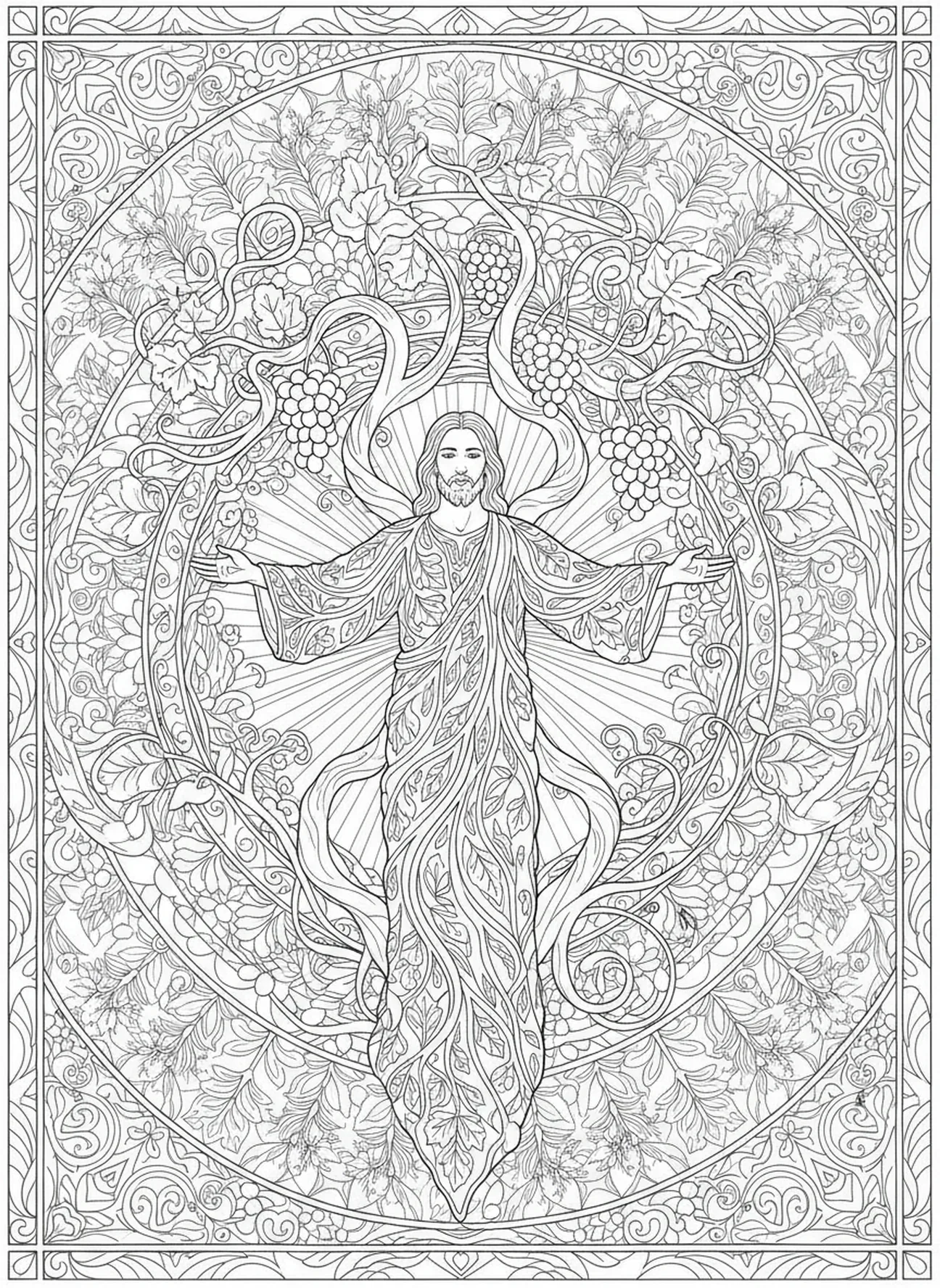 Jésus avec la vigne, page à colorier sur les déclarations 'Je suis' pour le style de journal biblique pour adultes