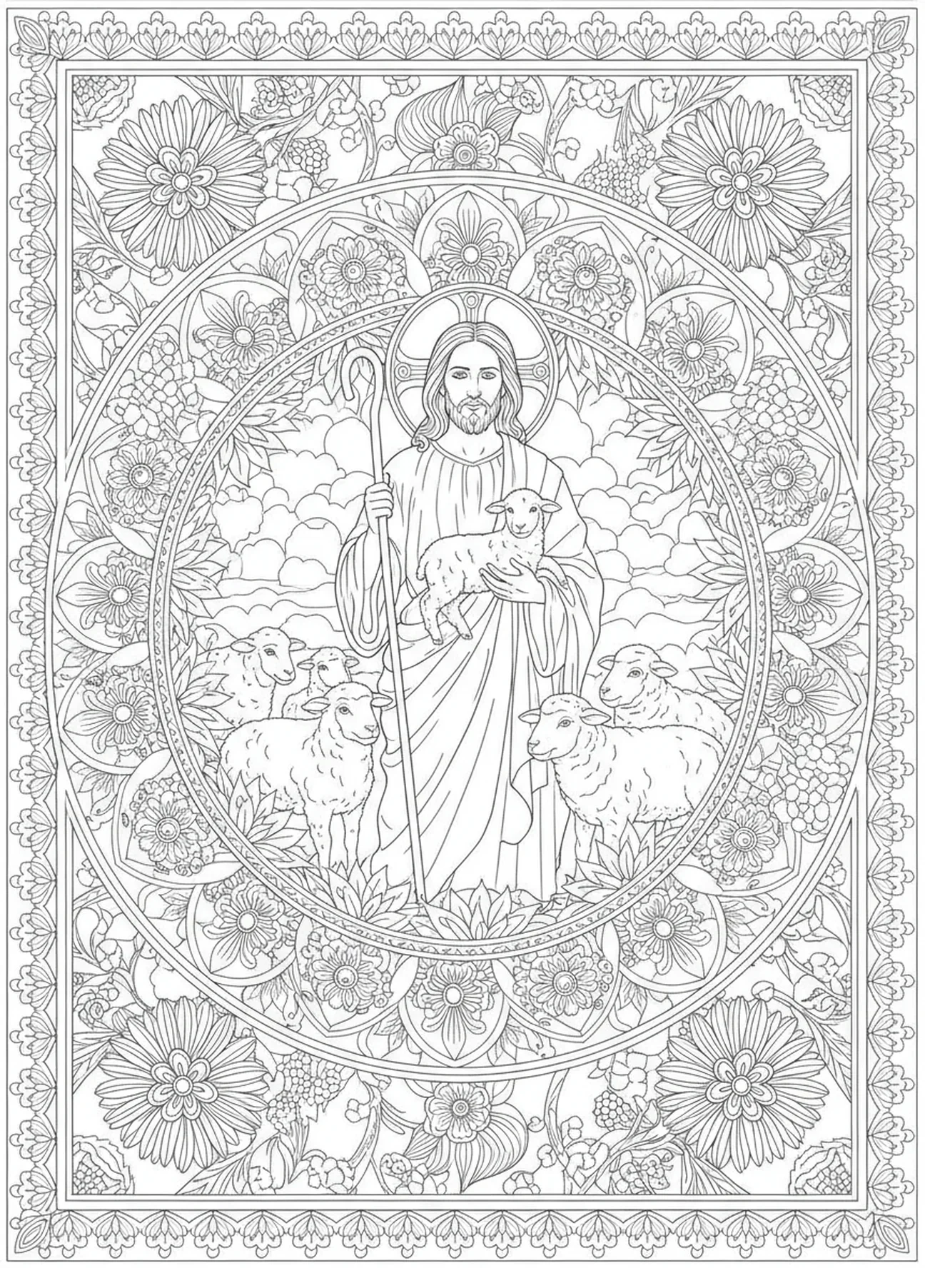 Jésus avec des moutons, page à colorier des déclarations 'Je suis' pour le journal biblique pour adultes