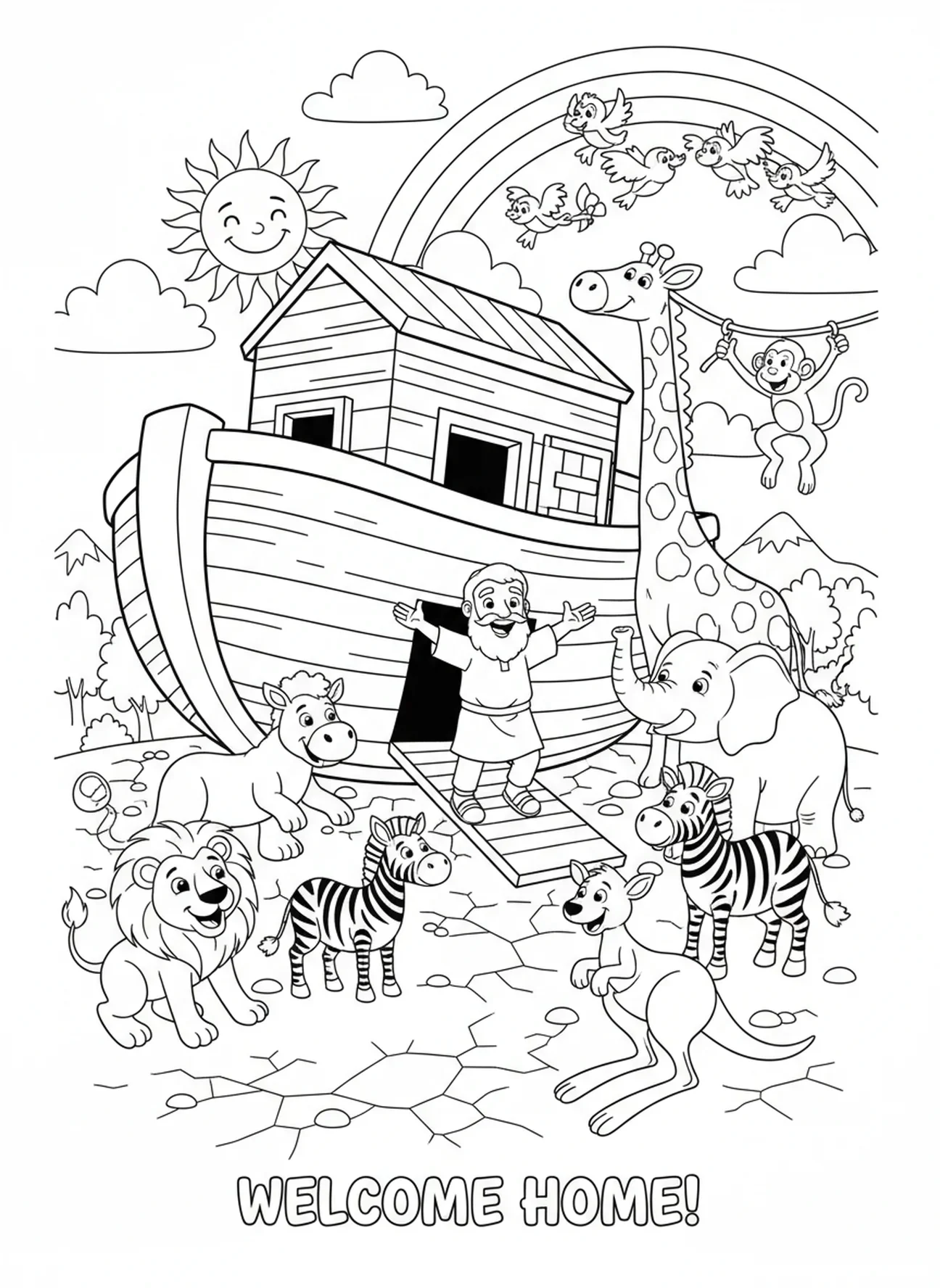 Noah und Tiere auf trockenem Land, Ausmalbild der Ich-bin-Aussagen für Kinder im Alter von 5-10 Jahren.