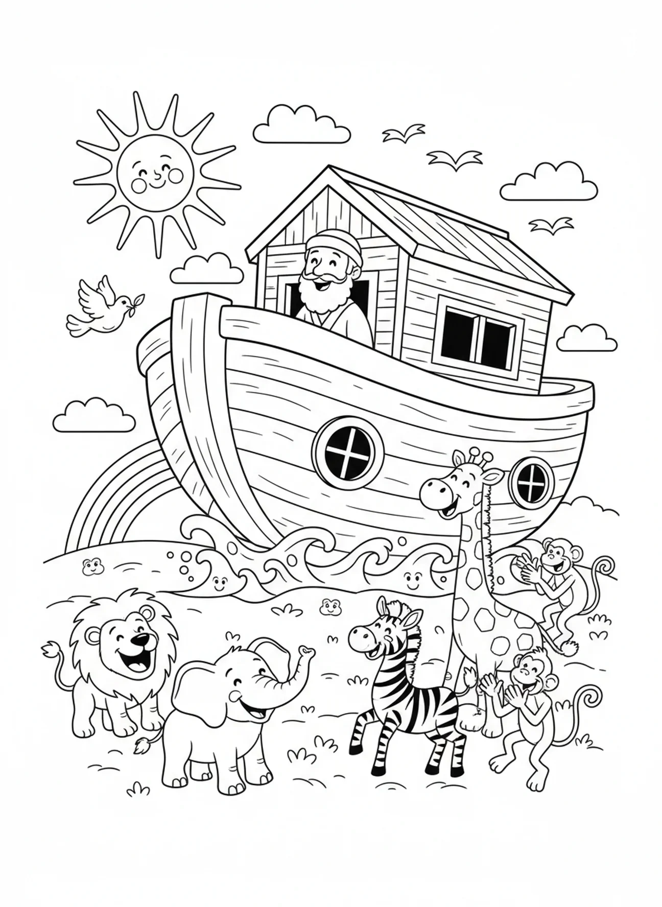 Noah und Tiere feiern, Ausmalbild mit den Ich-bin-Aussagen für Kinder im Alter von 5-10 Jahren.
