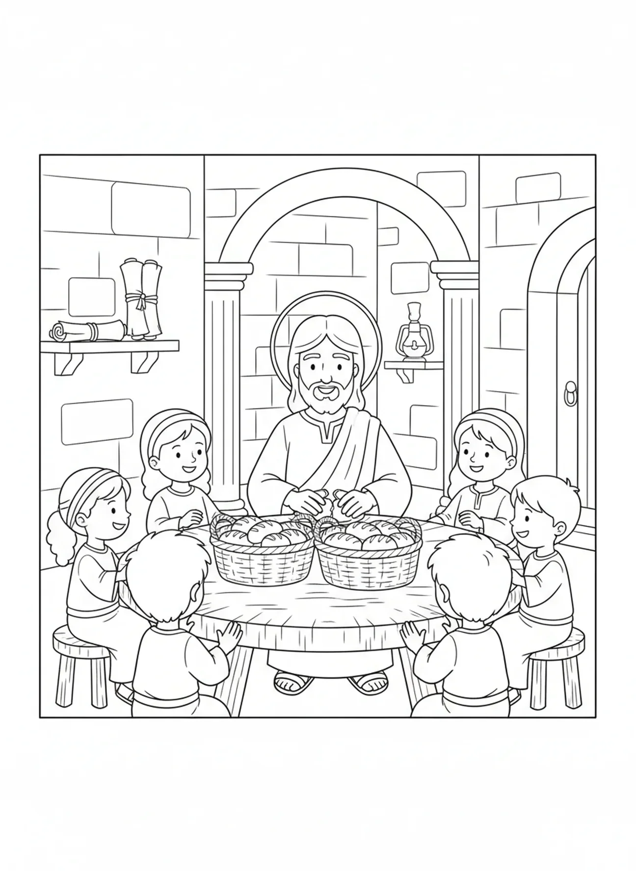 Jésus rompant le pain, page à colorier des déclarations 'Je suis' pour les enfants de l'École du dimanche âgés de 5 à 12 ans