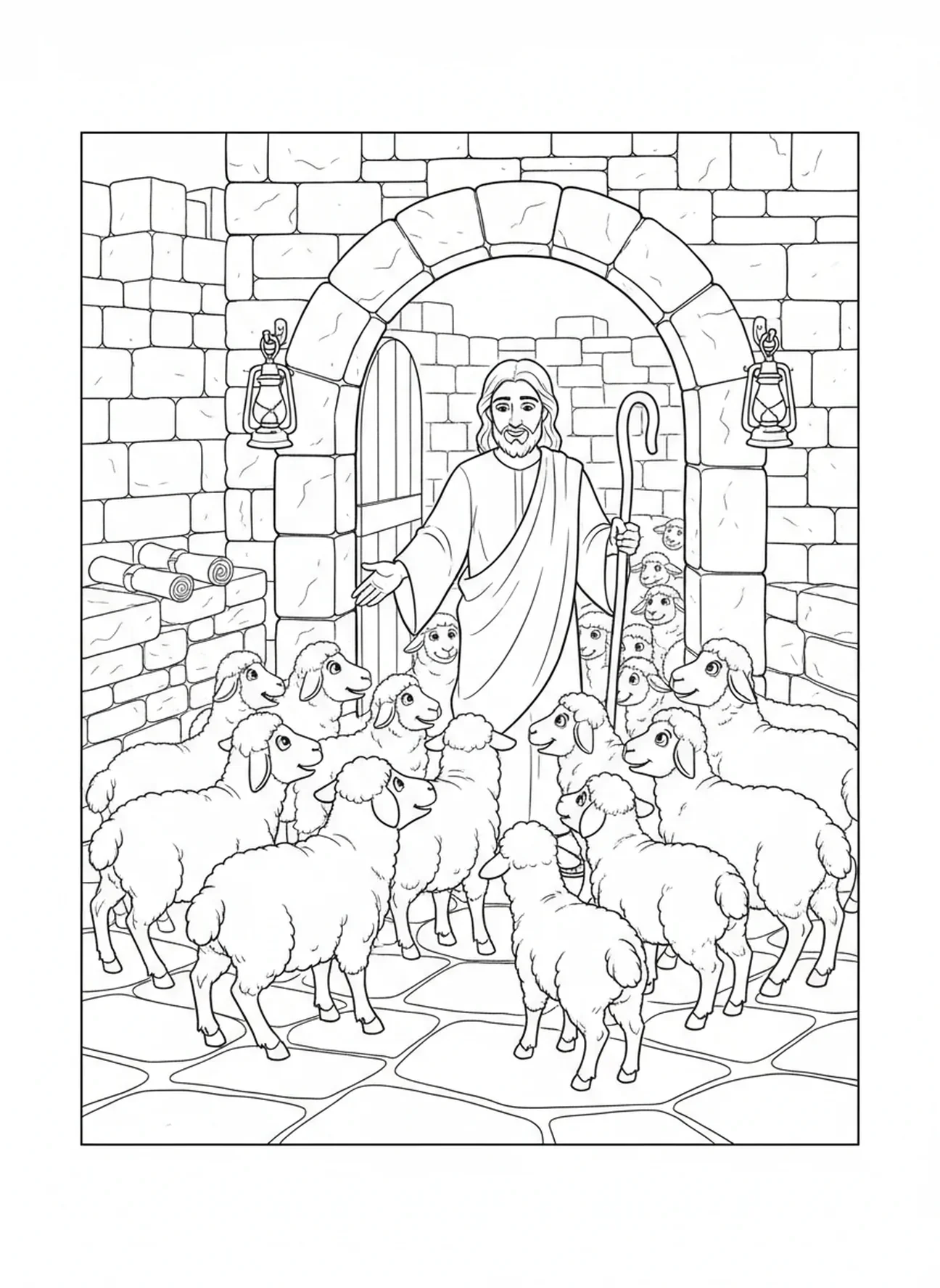 Jésus à la bergerie, page à colorier des déclarations 'Je suis' pour les enfants de l'École du dimanche âgés de 5 à 12 ans