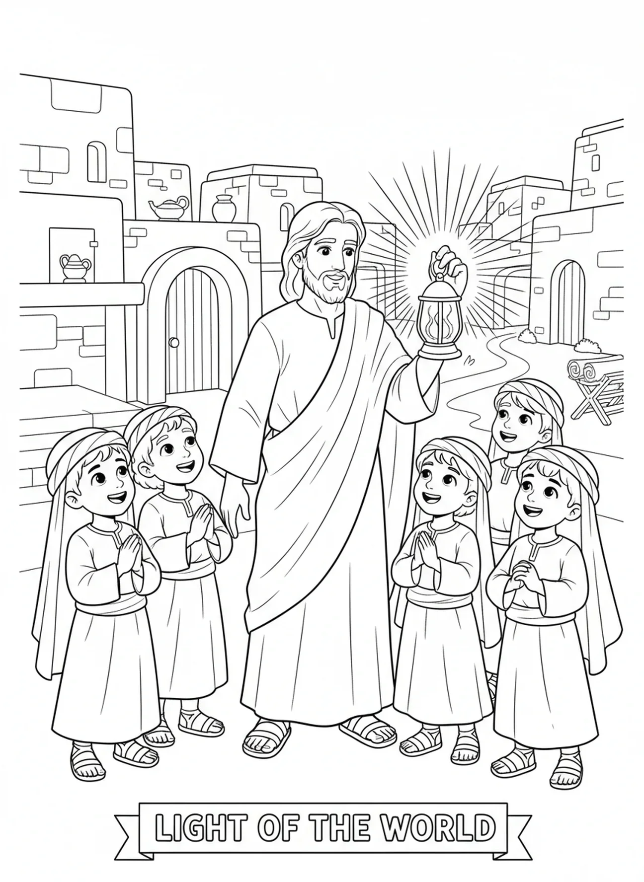 Jésus tenant une lanterne, page à colorier des déclarations 'Je Suis' pour les enfants de l'École du dimanche âgés de 5 à 12 ans