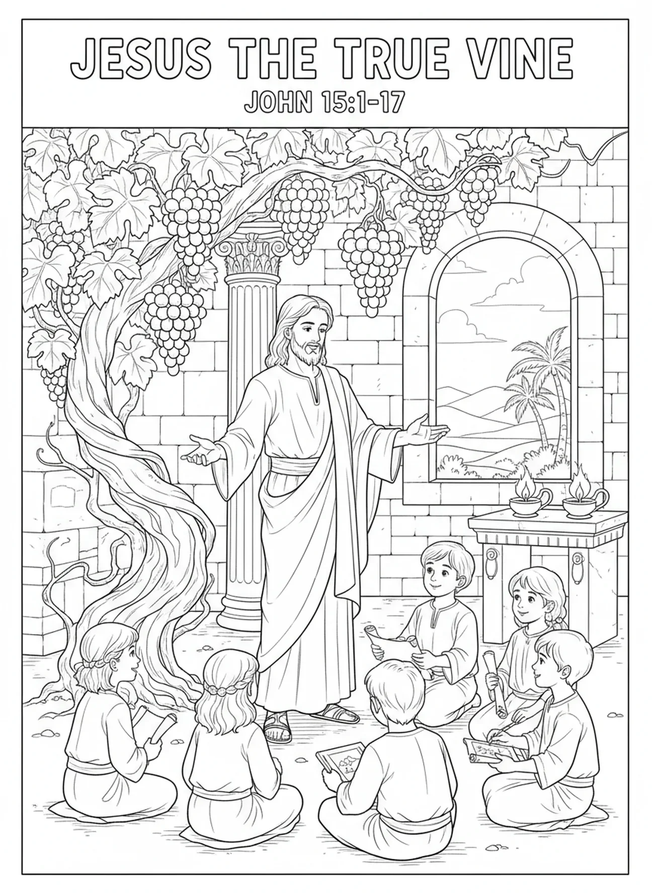 Jésus près d'une vigne, page à colorier des déclarations 'Je suis' pour les enfants de catéchisme âgés de 5 à 12 ans
