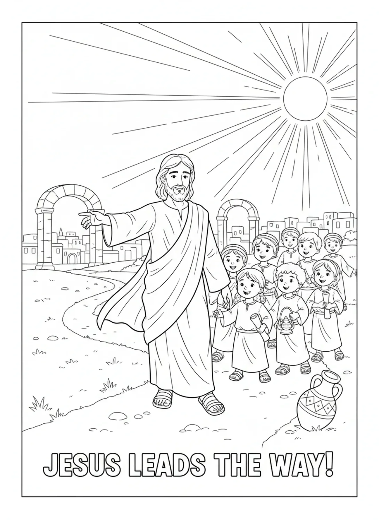 Jésus guidant des enfants sur un chemin, page à colorier des déclarations 'Je Suis' pour les enfants de l'École du dimanche âgés de 5 à 12 ans
