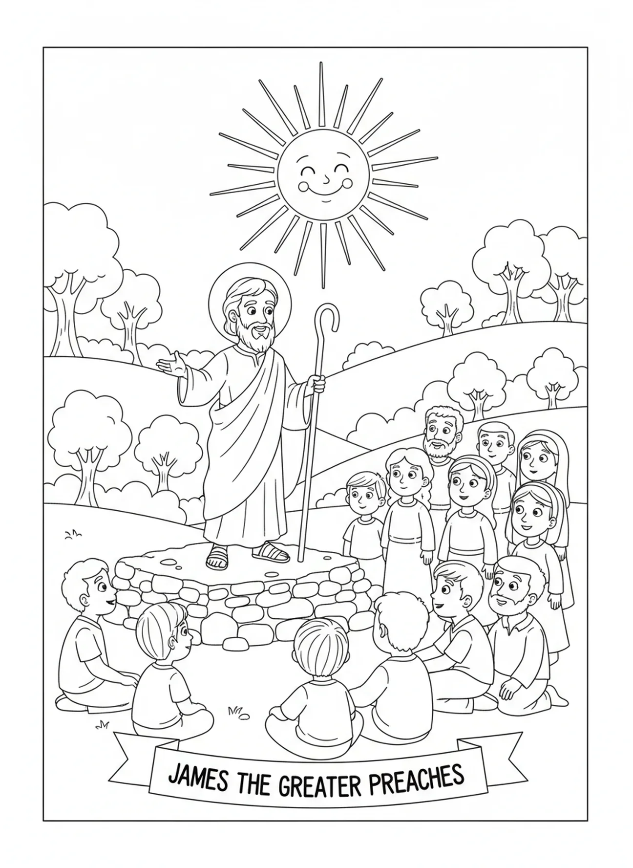 Jakobus predigt zu einer Menschenmenge, Ausmalbild von Jakobus dem Größeren für Kinder im Alter von 5-10 Jahren