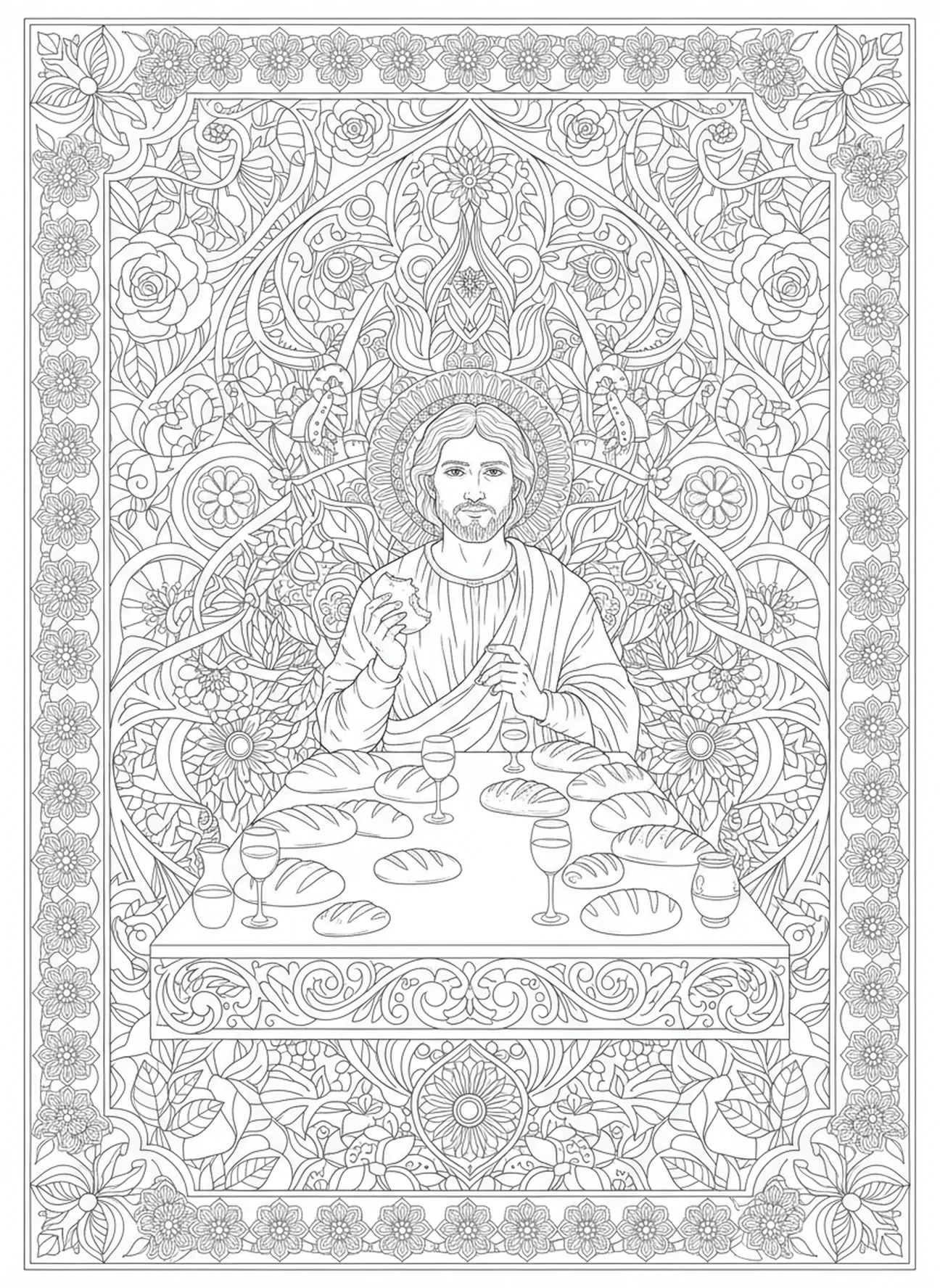 Jakobus beim letzten Abendmahl, Jakobus der Geringe Ausmalbild für Erwachsene im Stil des Bibel-Journalings.