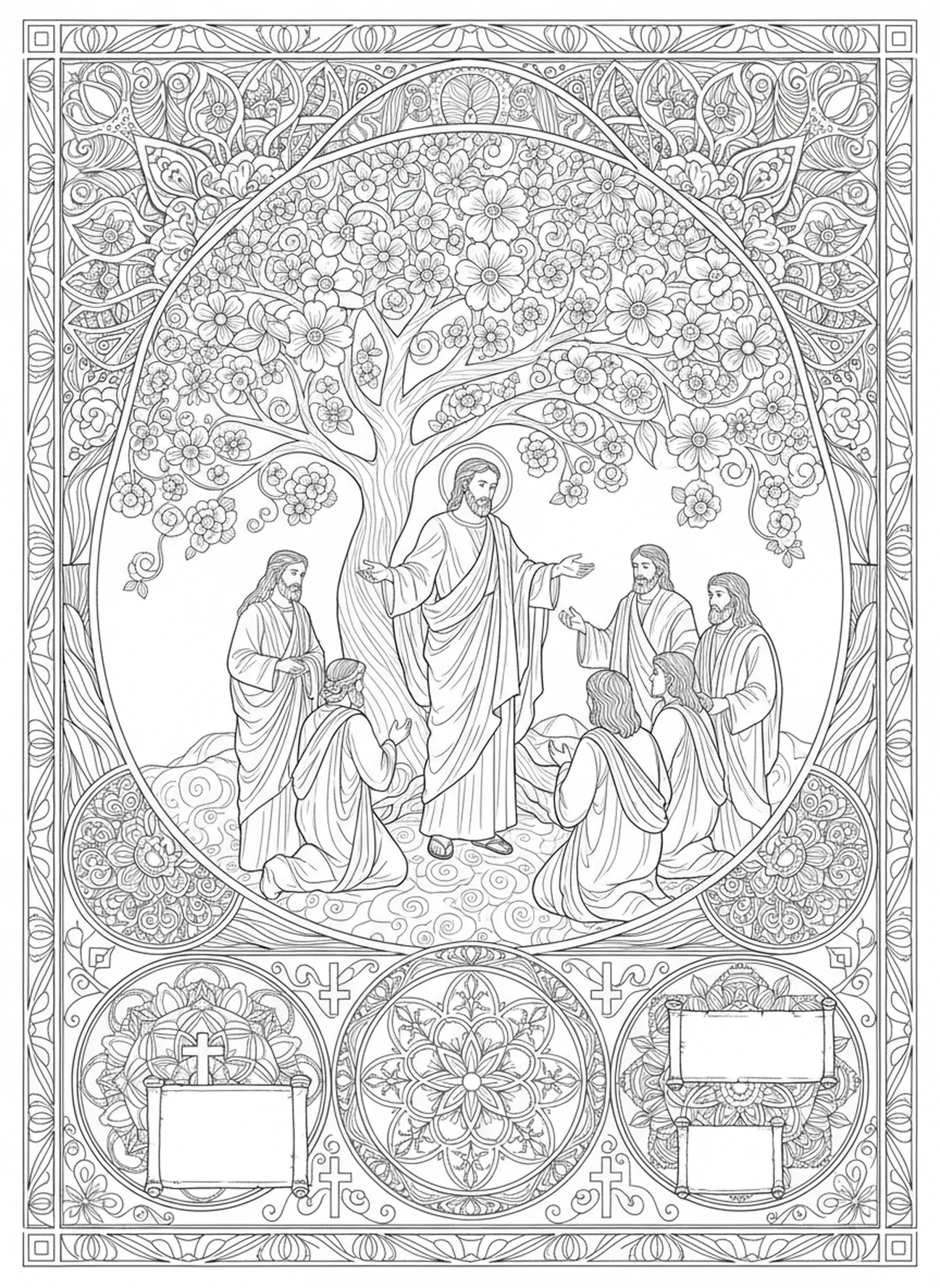 Jakobus versammelt Jünger, Ausmalbild von Jakobus dem Kleinen im Stil des Bibel-Journalings für Erwachsene.