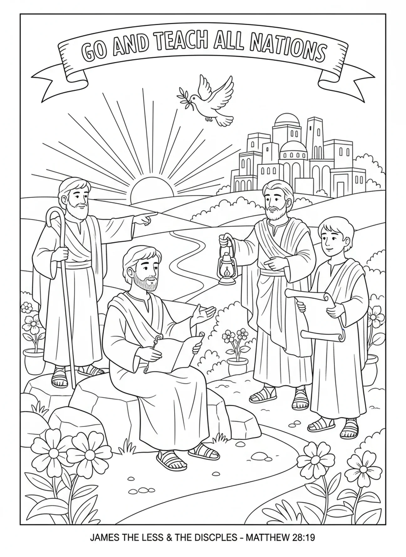 Jacques avec d'autres disciples, page à colorier Jacques le Mineur pour les enfants de l'École du dimanche âgés de 5 à 12 ans.
