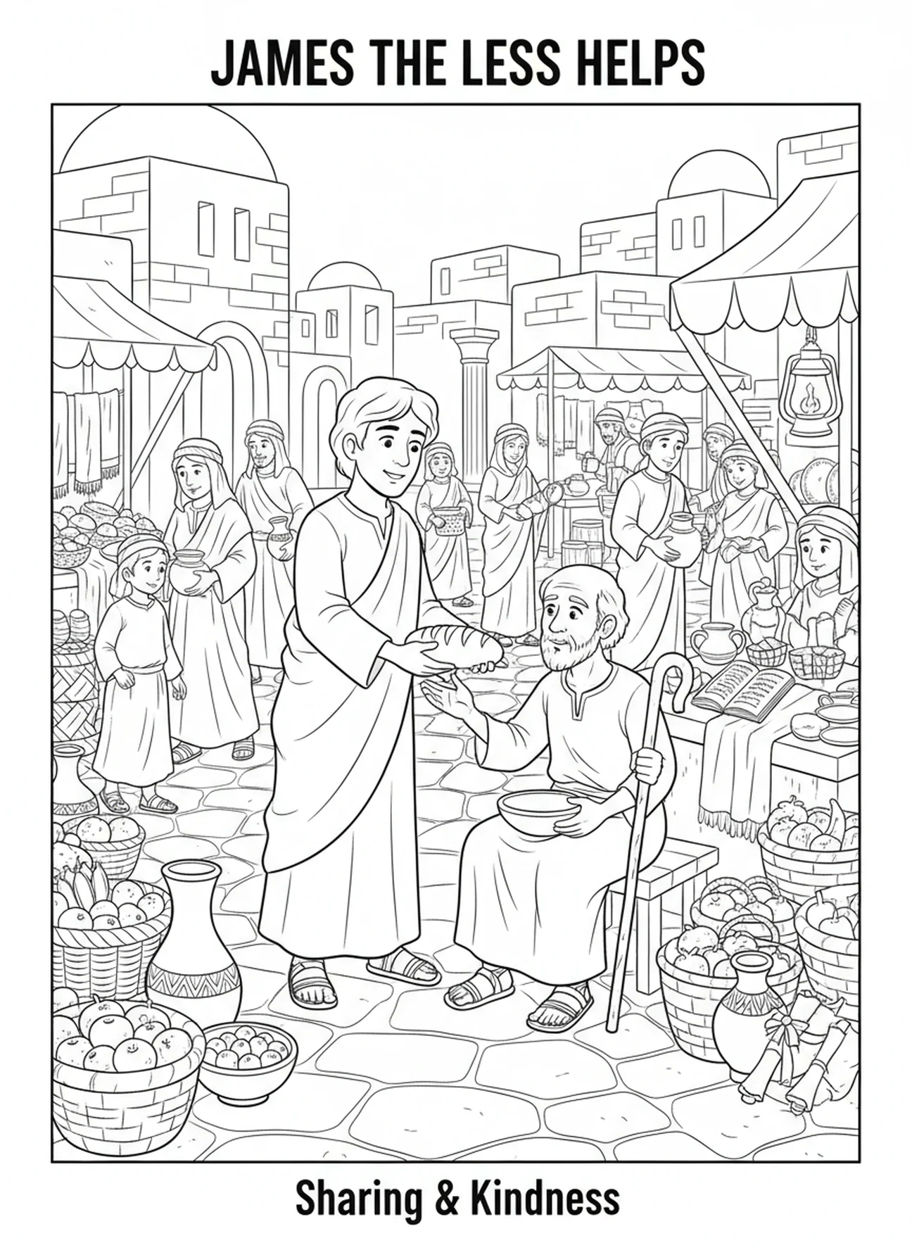 Jacques aidant un homme dans le besoin, page à colorier Jacques le Mineur pour les enfants de l'École du dimanche âgés de 5 à 12 ans.