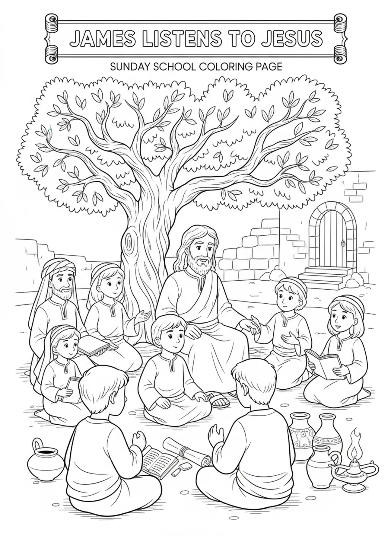 Jacques écoutant Jésus, page à colorier Jacques le Moins pour les enfants de l'école du dimanche âgés de 5 à 12 ans.