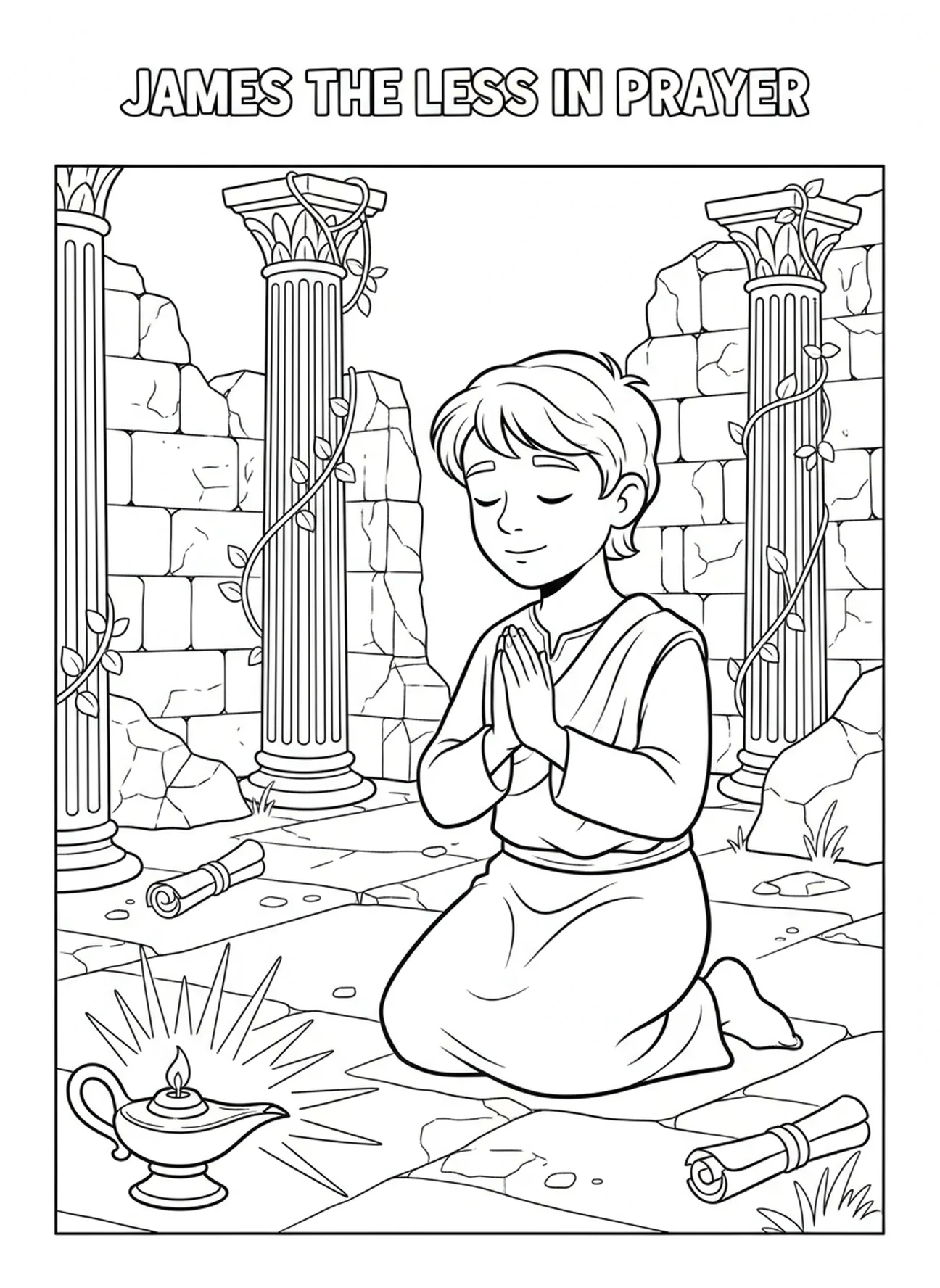 Jacques en prière paisible, page à colorier Jacques le Moins pour les enfants de l'École du dimanche âgés de 5 à 12 ans.