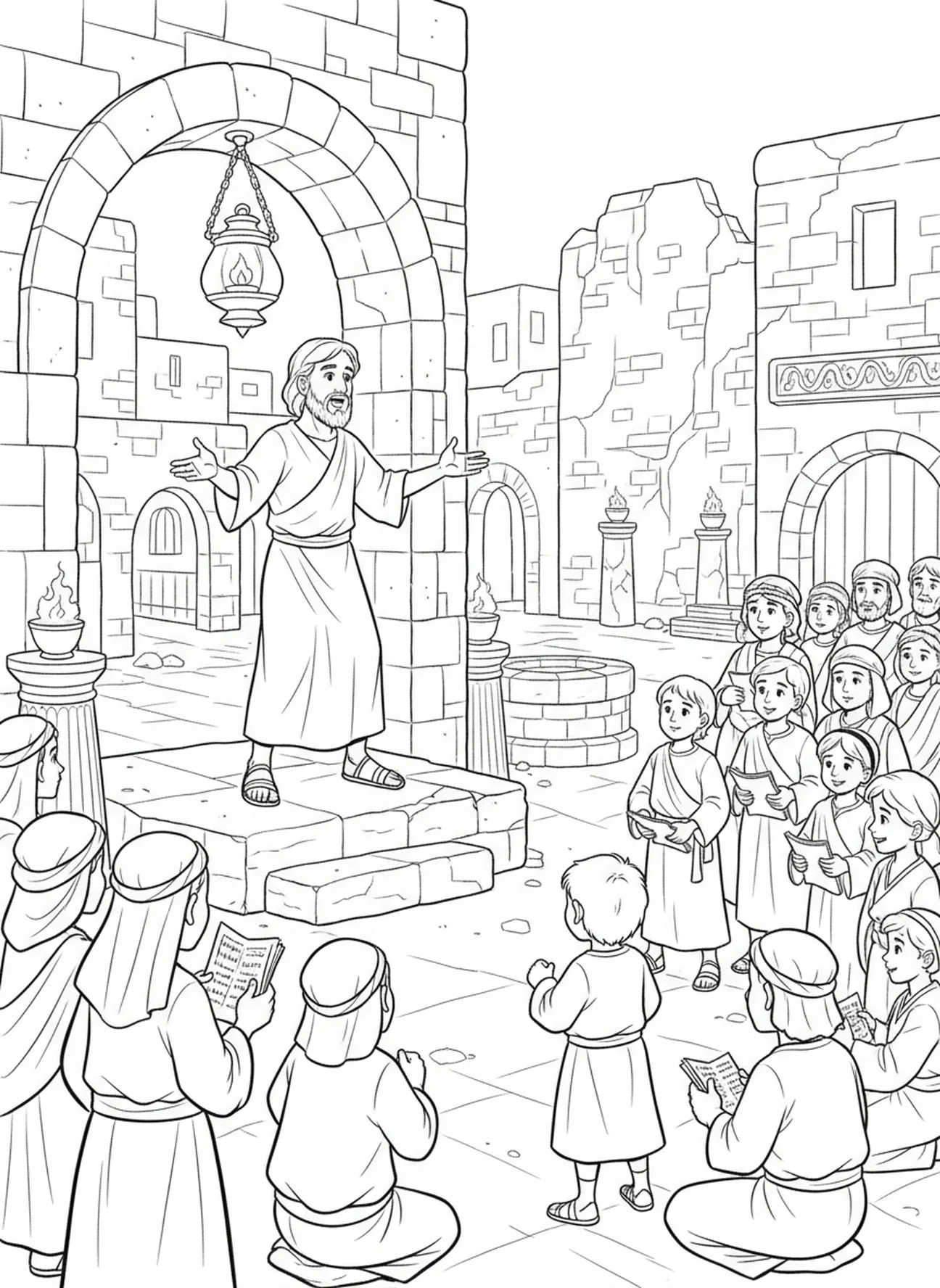 Santiago prêchant à une foule, page à colorier de Santiago le Moins pour les enfants de l'École du dimanche âgés de 5 à 12 ans.