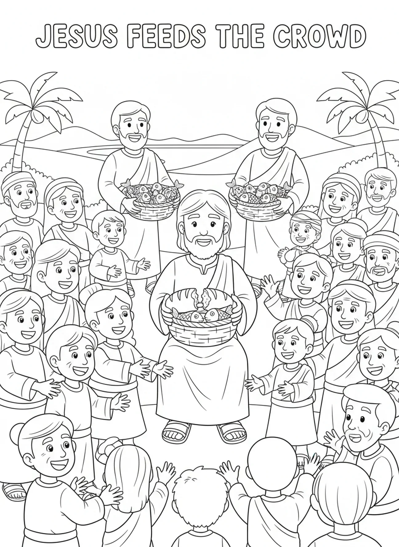 Jesus alimentando a multidão, página de colorir Jesus e os Discípulos para crianças de 5 a 10 anos.