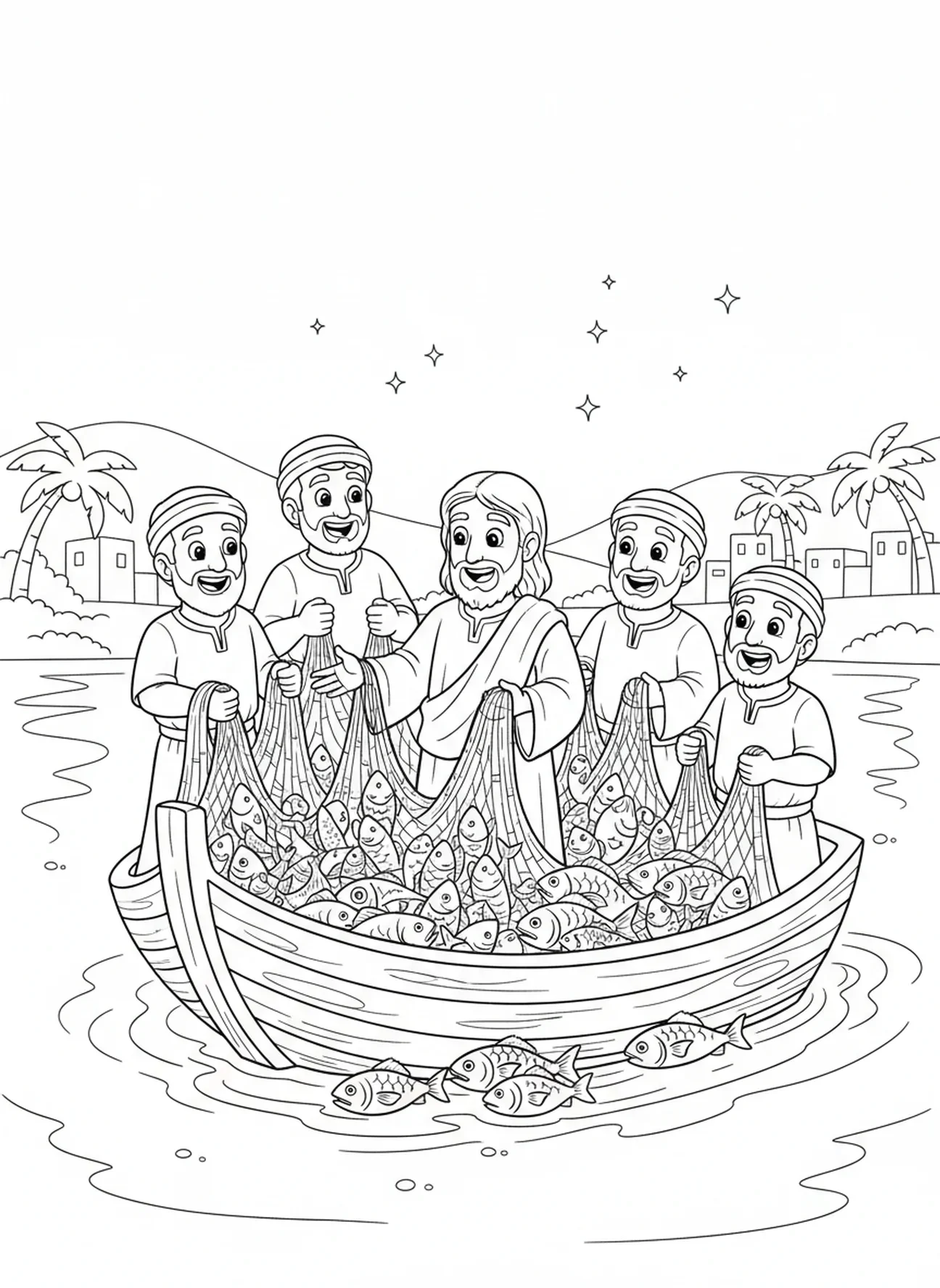 Jesus e os discípulos em um barco, página para colorir Jesus e os Discípulos para crianças de 5 a 10 anos.