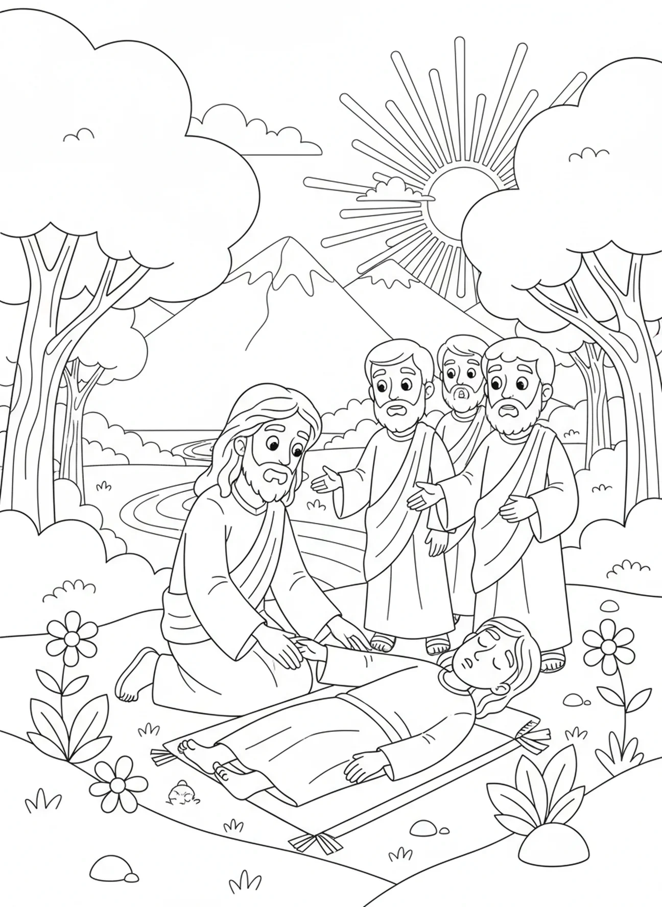 Jesus curando uma pessoa doente, página para colorir Jesus e os Discípulos para crianças de 5 a 10 anos.