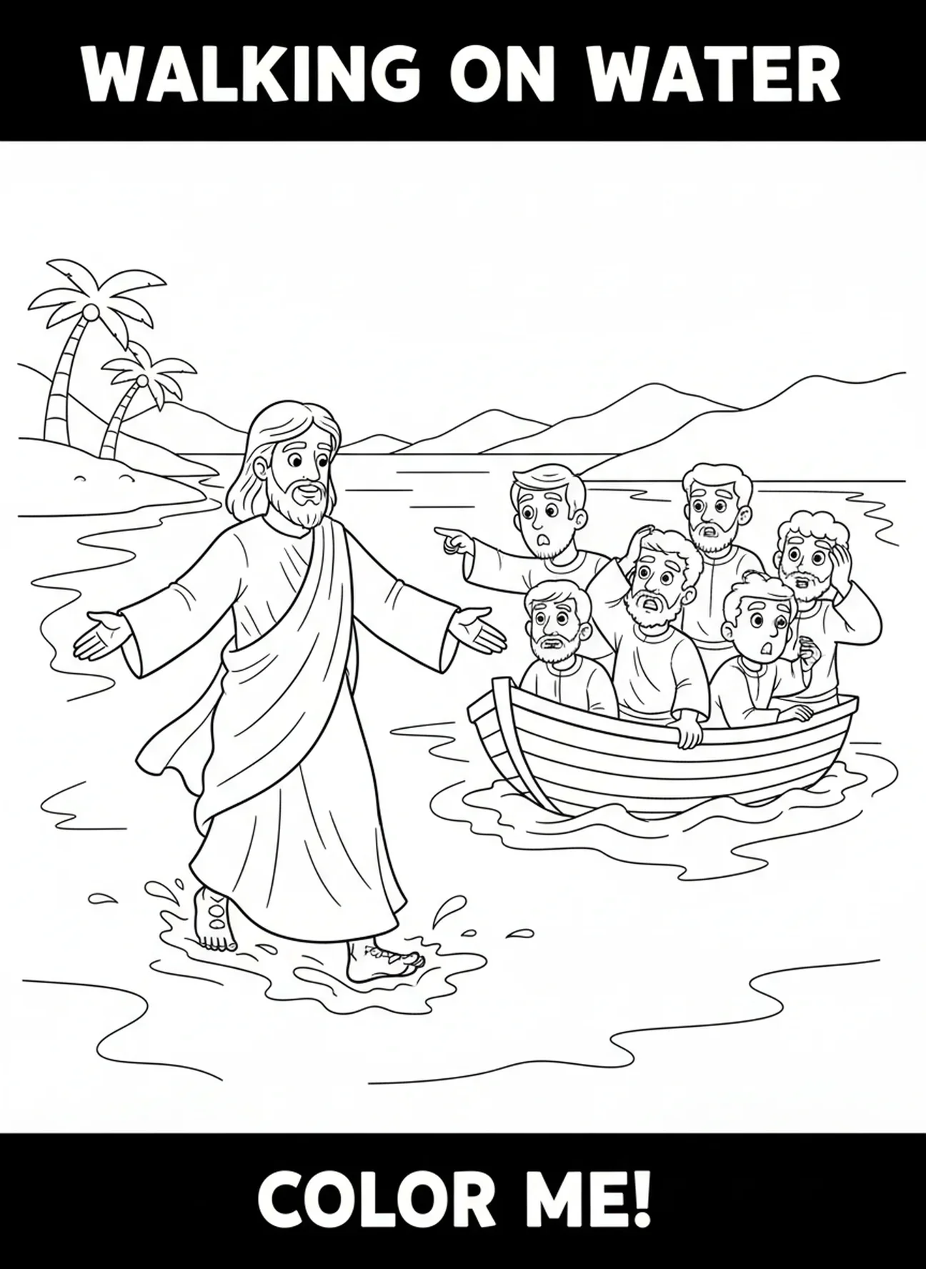 Jesus andando sobre as águas, página de colorir Jesus e os Discípulos para crianças de 5 a 10 anos.