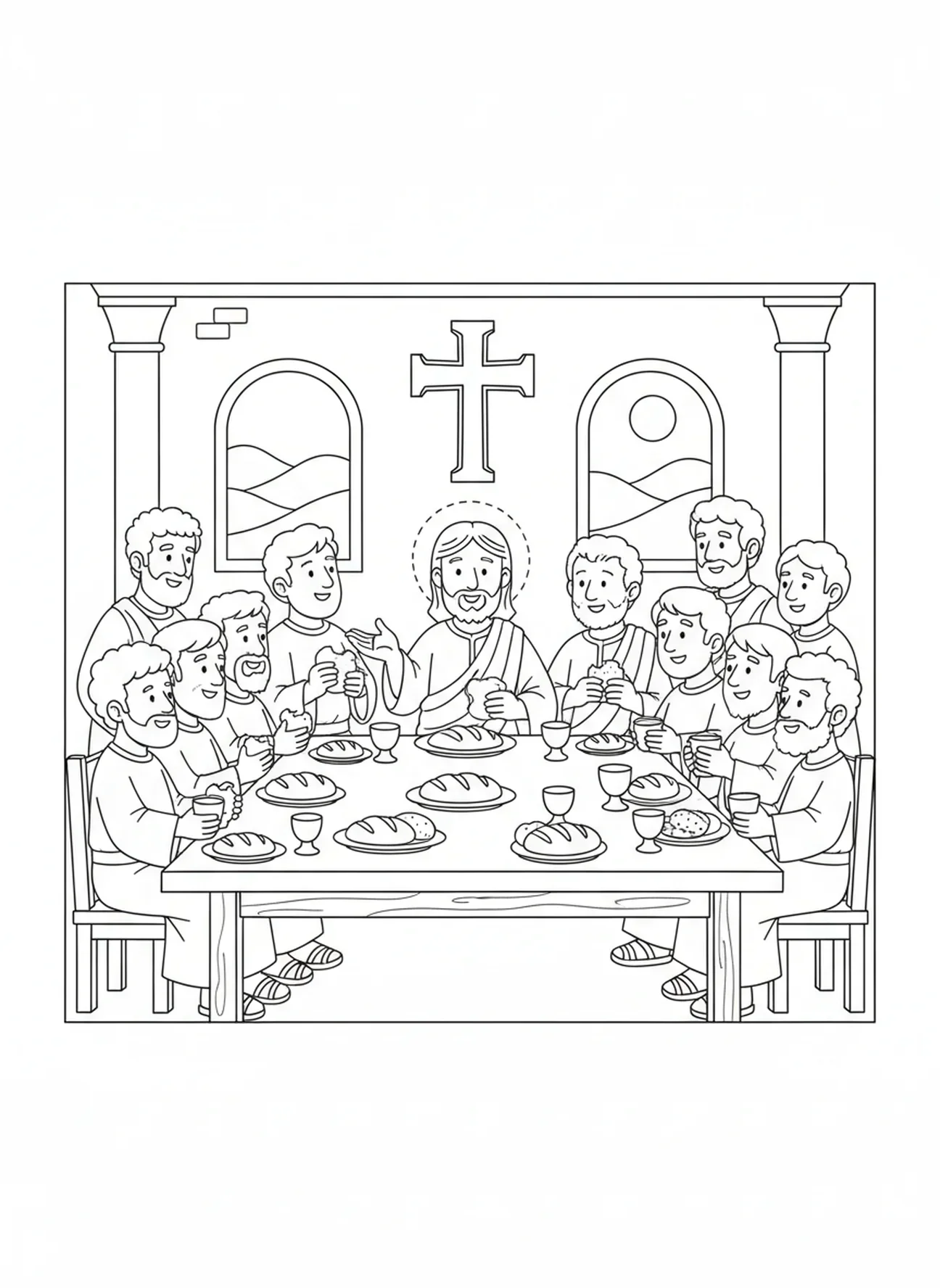 A Última Ceia com Jesus e os discípulos, página para colorir Jesus e os Discípulos para crianças de 5 a 10 anos.