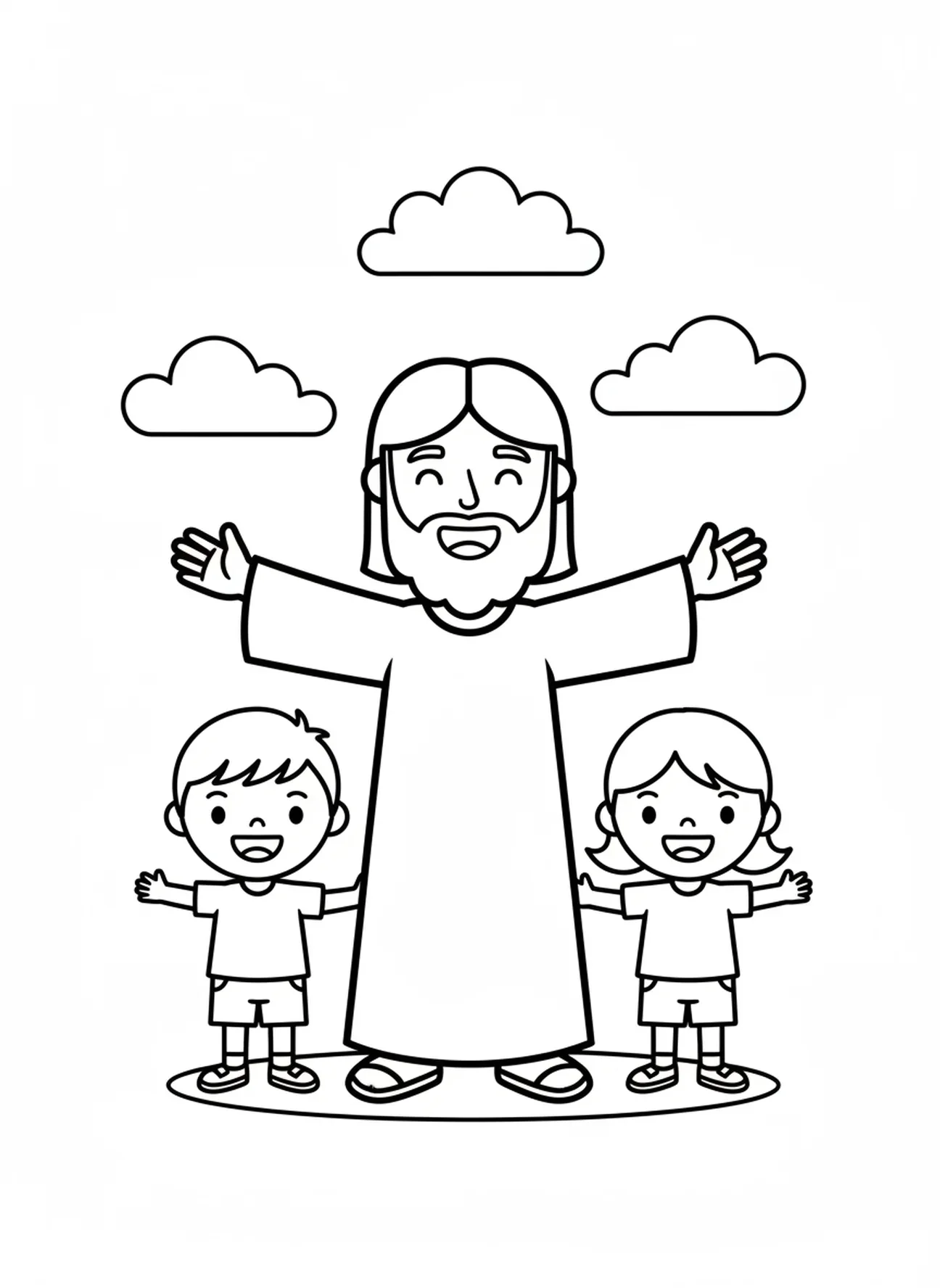 Jesús bendiciendo a los niños, página para colorear de Jesús y los Discípulos para niños de 3 a 5 años.