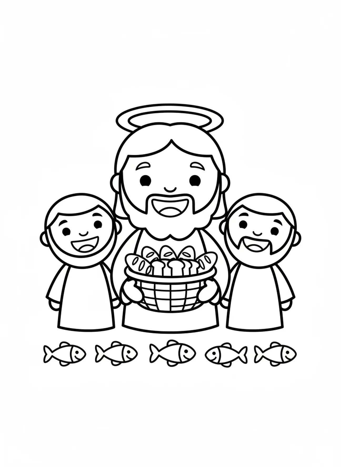 Jesús con canasta, página para colorear de Jesús y los Discípulos para niños en edad preescolar de 3 a 5 años.