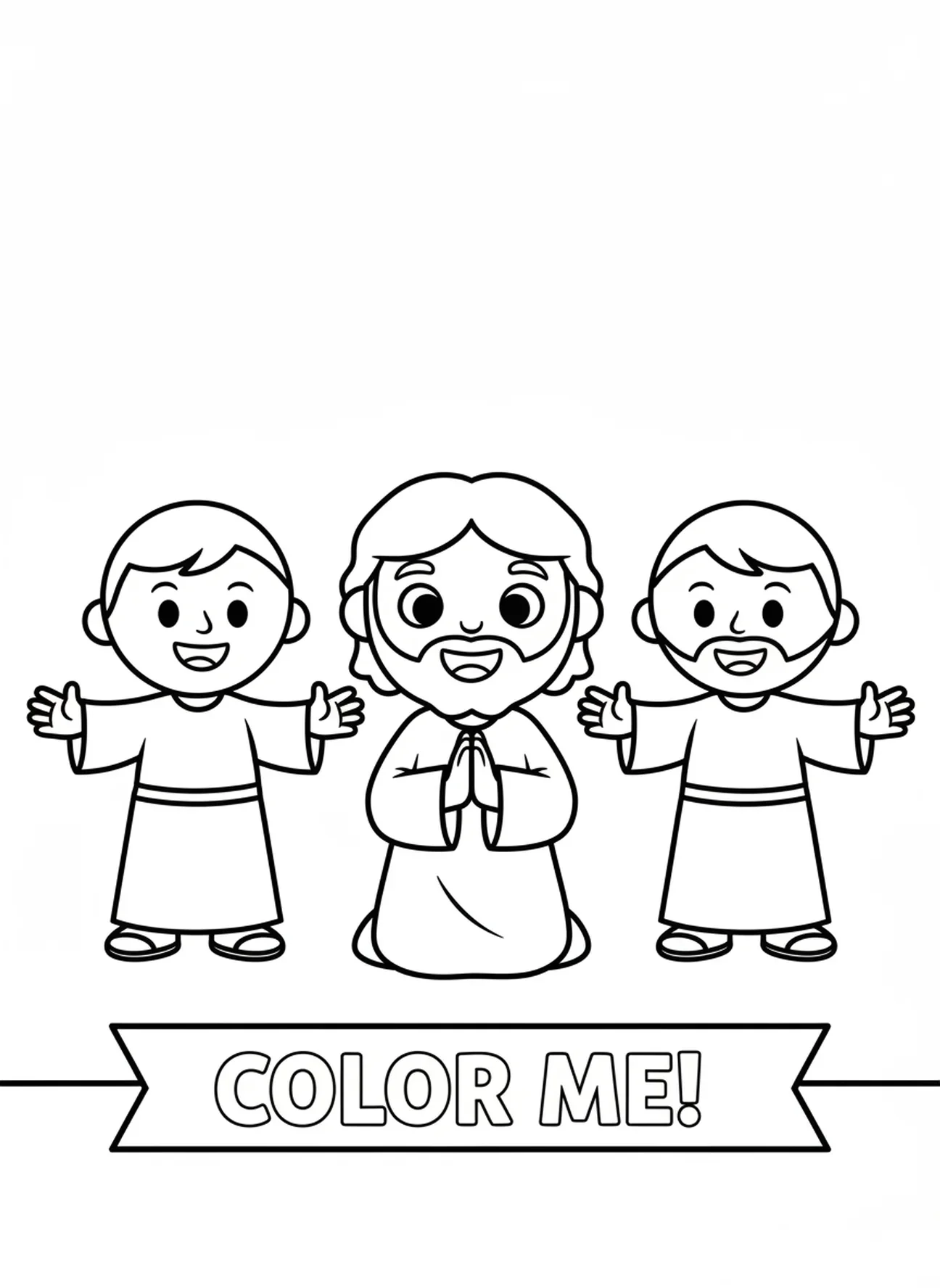 Jesús arrodillado en oración, página para colorear de Jesús y los Discípulos para niños en edad preescolar de 3 a 5 años.