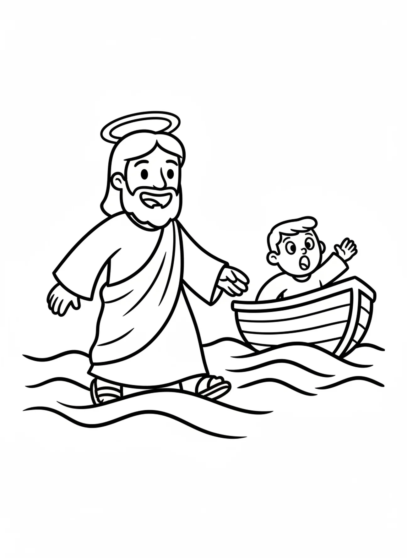 Jesús caminando sobre el agua, página para colorear de Jesús y los Discípulos para niños en edad preescolar de 3 a 5 años.