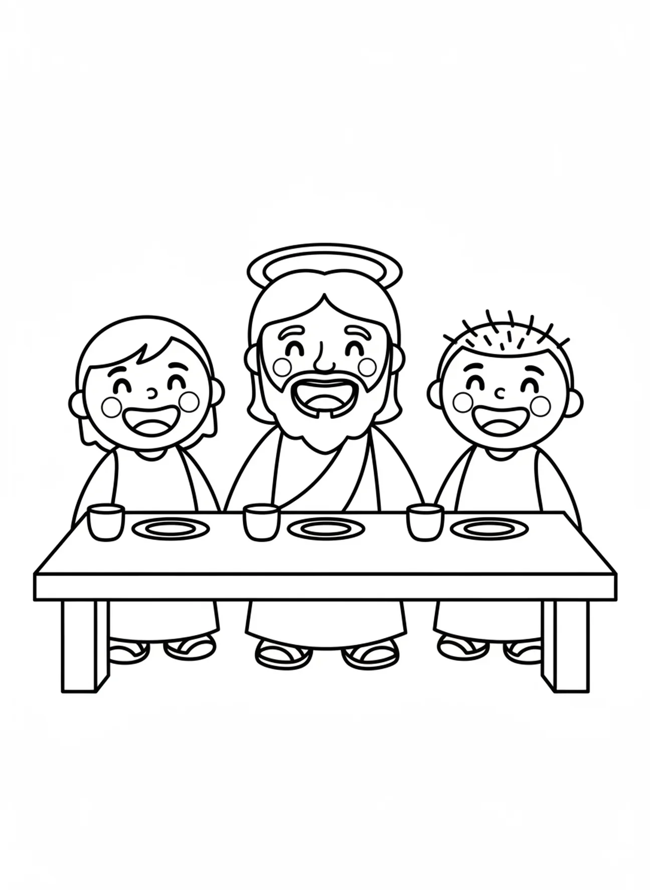 Jesús en la mesa, página para colorear de Jesús y los Discípulos para niños de 3 a 5 años.