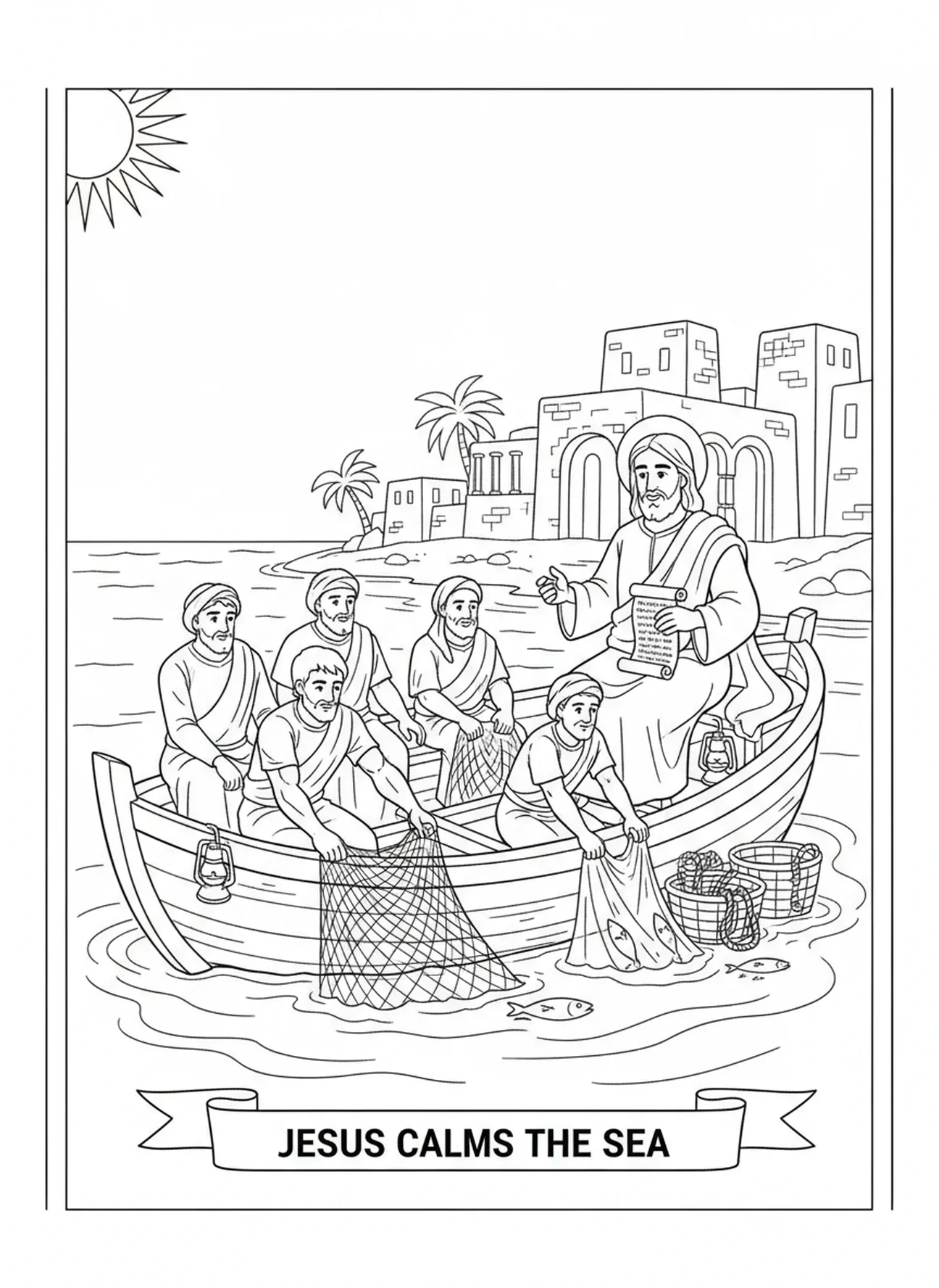 Jésus et ses disciples dans un bateau, page à colorier Jésus et ses disciples pour les enfants de l'École du dimanche âgés de 5 à 12 ans.