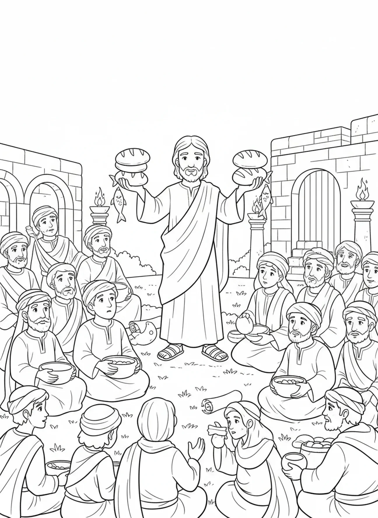 Jésus nourrissant la foule, page à colorier Jésus et ses disciples pour les enfants de l'École du dimanche âgés de 5 à 12 ans.