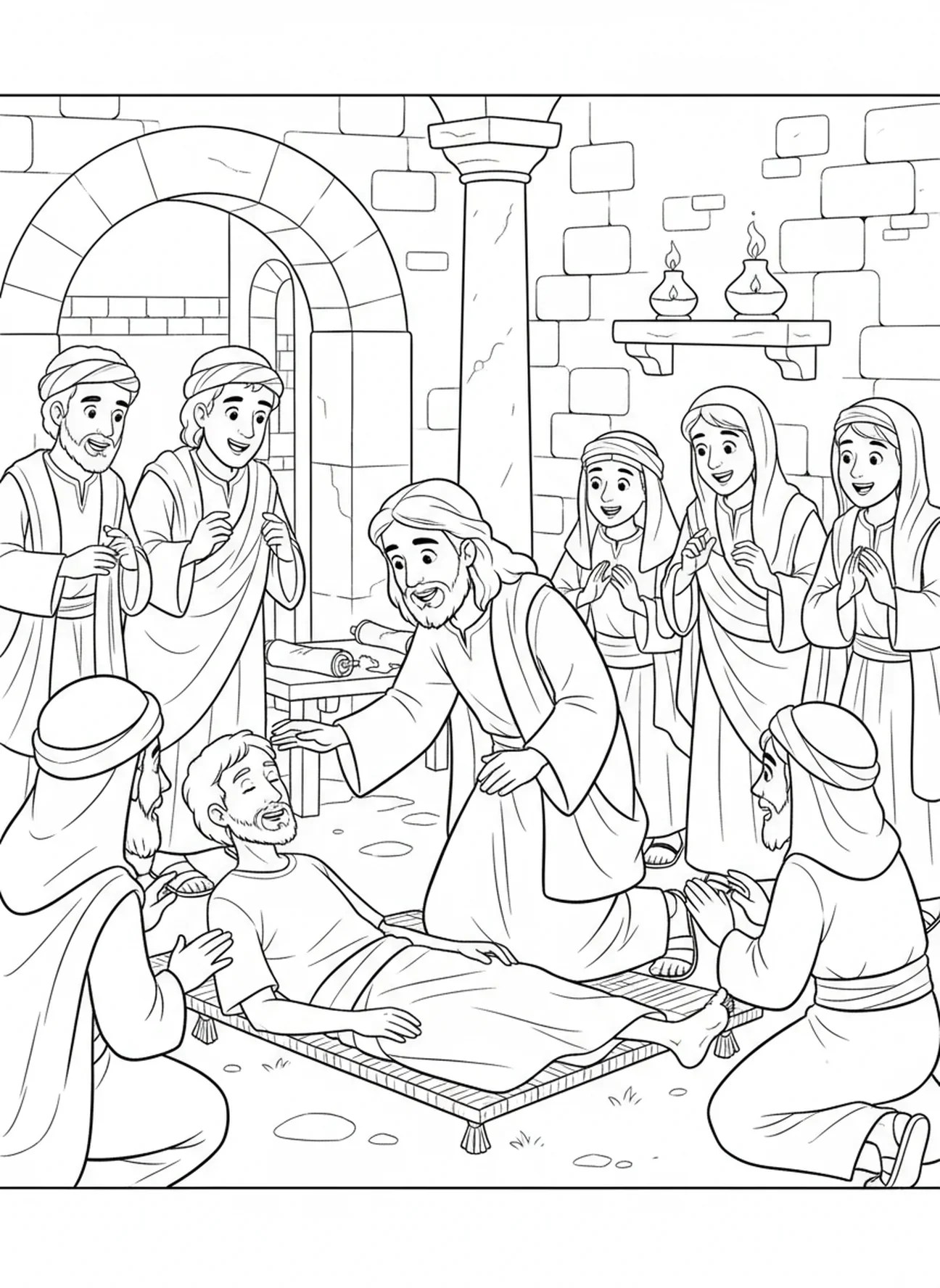 Jésus guérissant un homme malade, page à colorier Jésus et ses disciples pour les enfants de l'École du dimanche âgés de 5 à 12 ans.